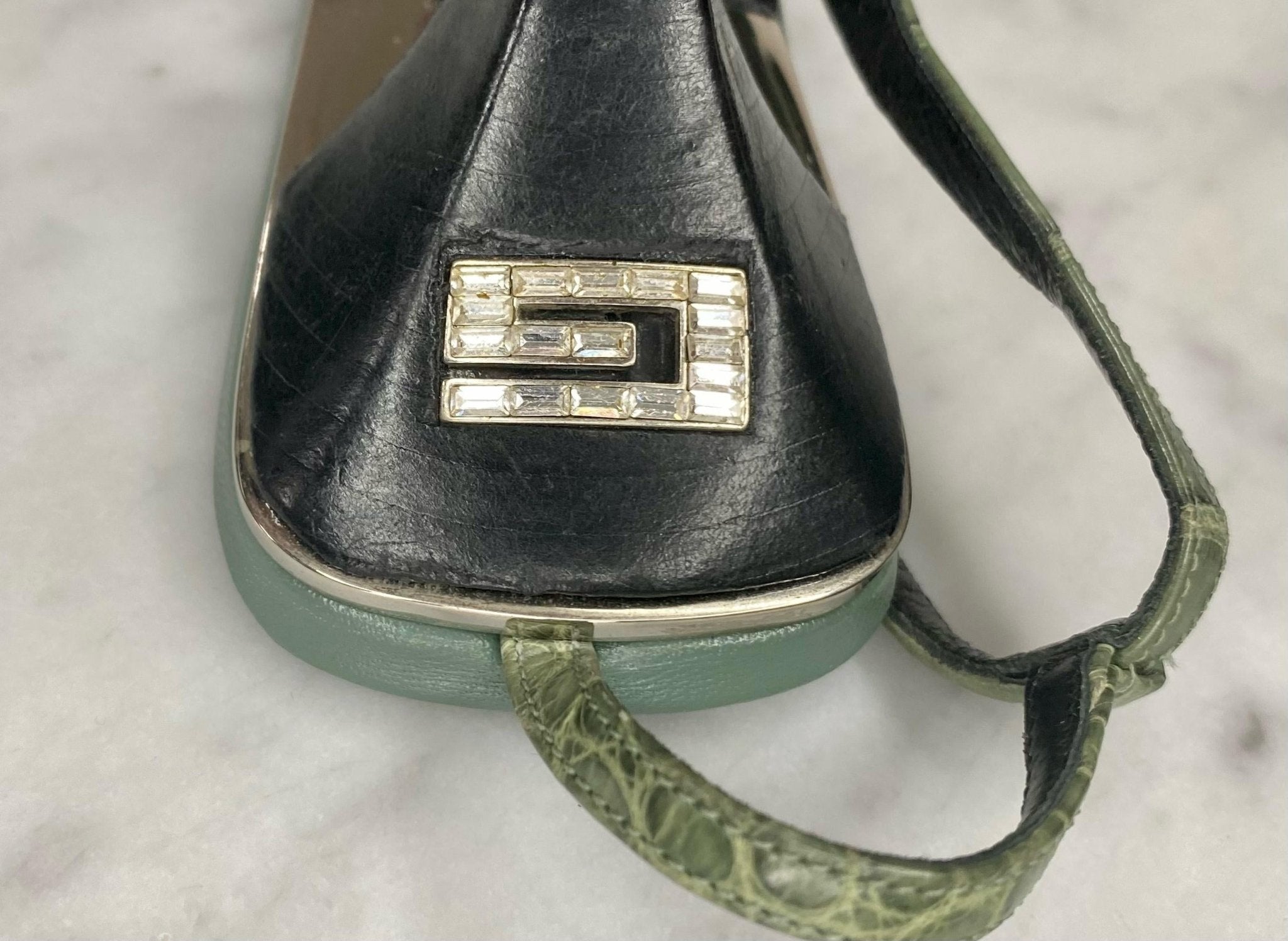 S/S 1998 Gucci by Tom Ford Light Green Alligator Kitten Heels Crystal G - RealList