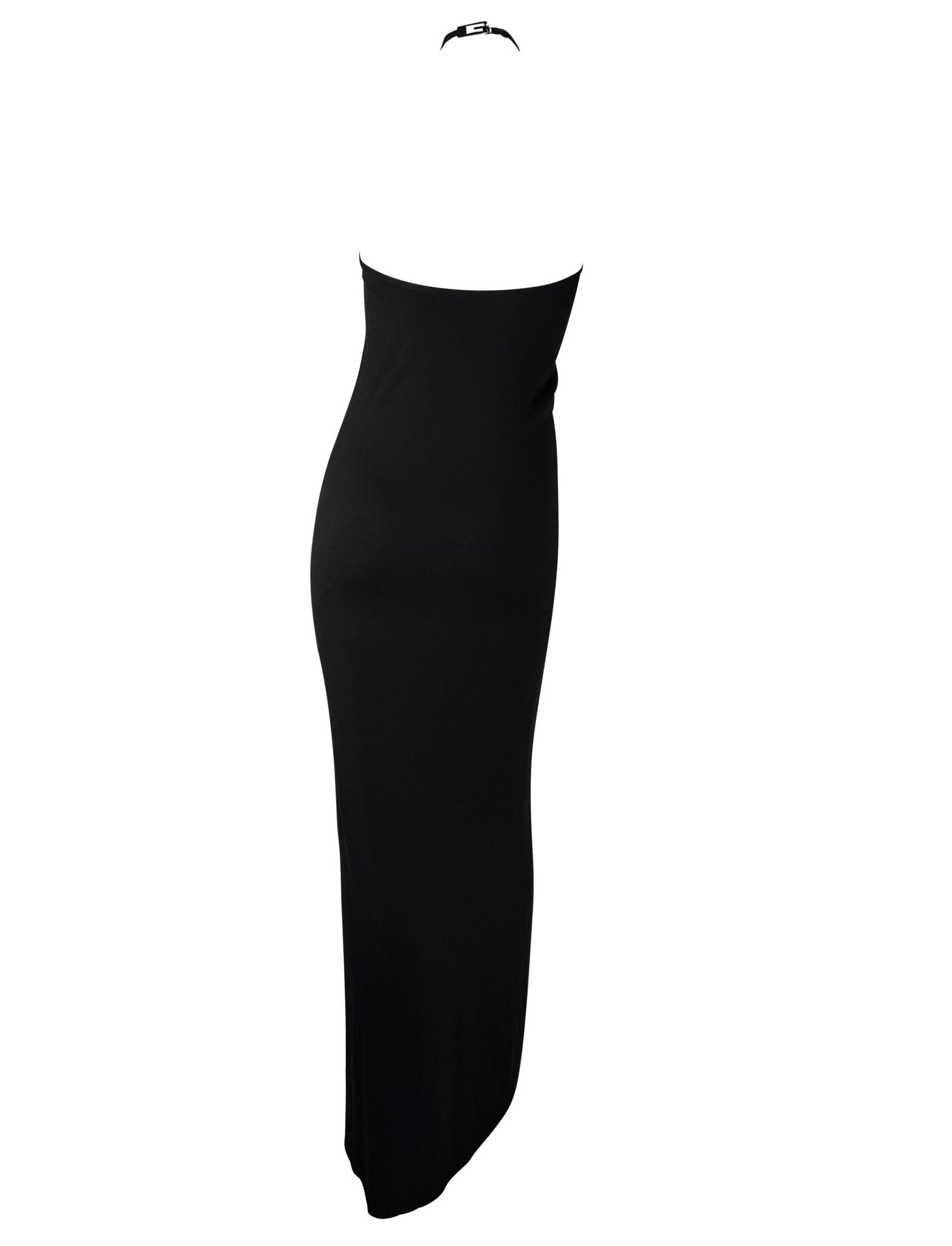 S/S 1998 Gucci by Tom Ford Rhinestone G Logo Black Stretch Halter Gown - RealList