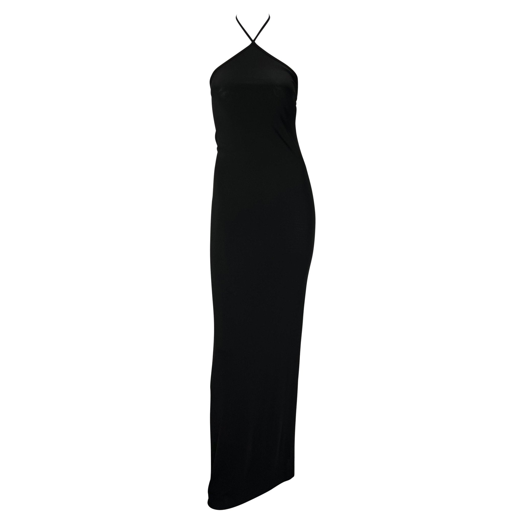 S/S 1998 Gucci by Tom Ford Rhinestone G Logo Black Stretch Halter Gown - RealList