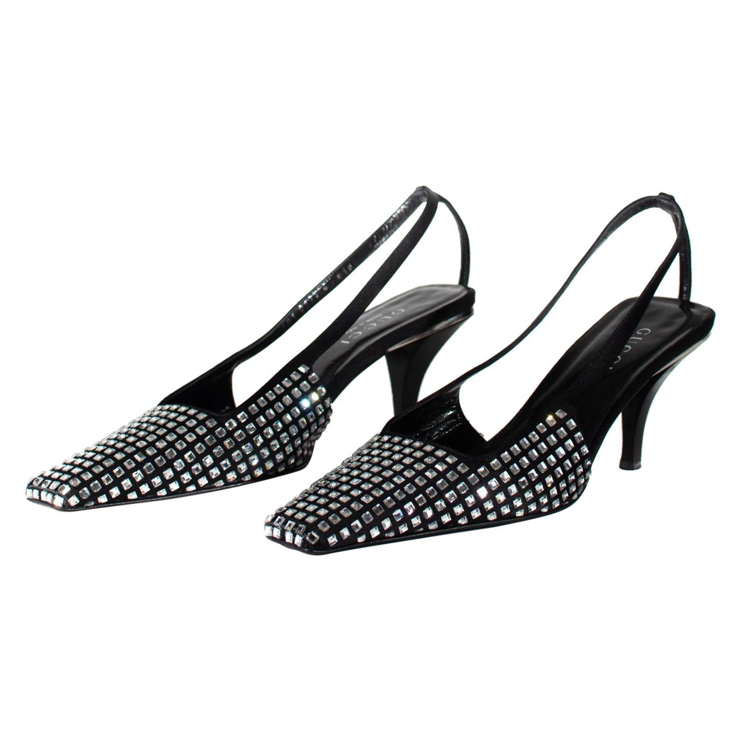 S/S 1998 Gucci by Tom Ford Runway Ad Square Rhinestone G Logo Kitten Heels 8 1/2 - RealList