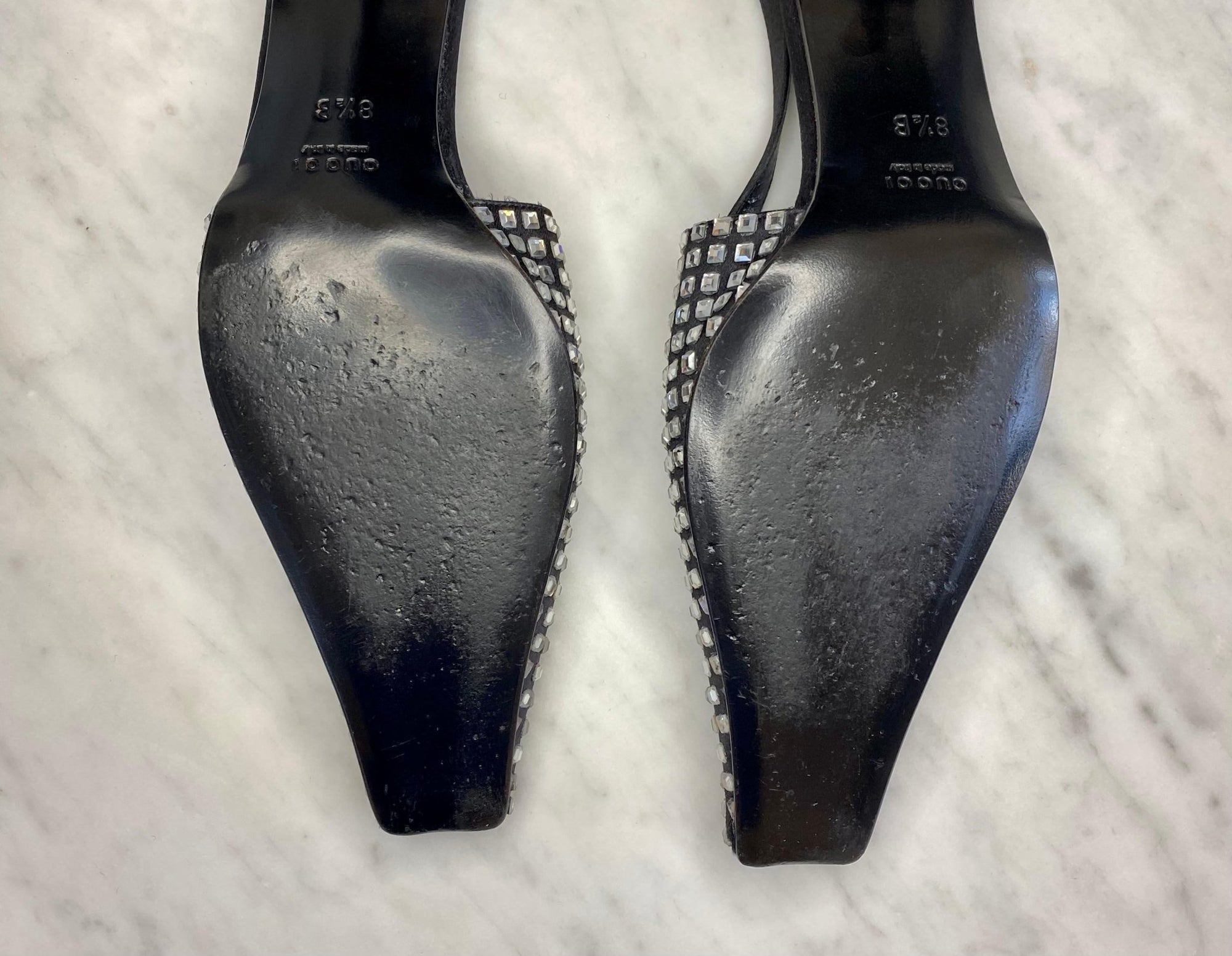 S/S 1998 Gucci by Tom Ford Runway Ad Square Rhinestone G Logo Kitten Heels 8 1/2 - RealList