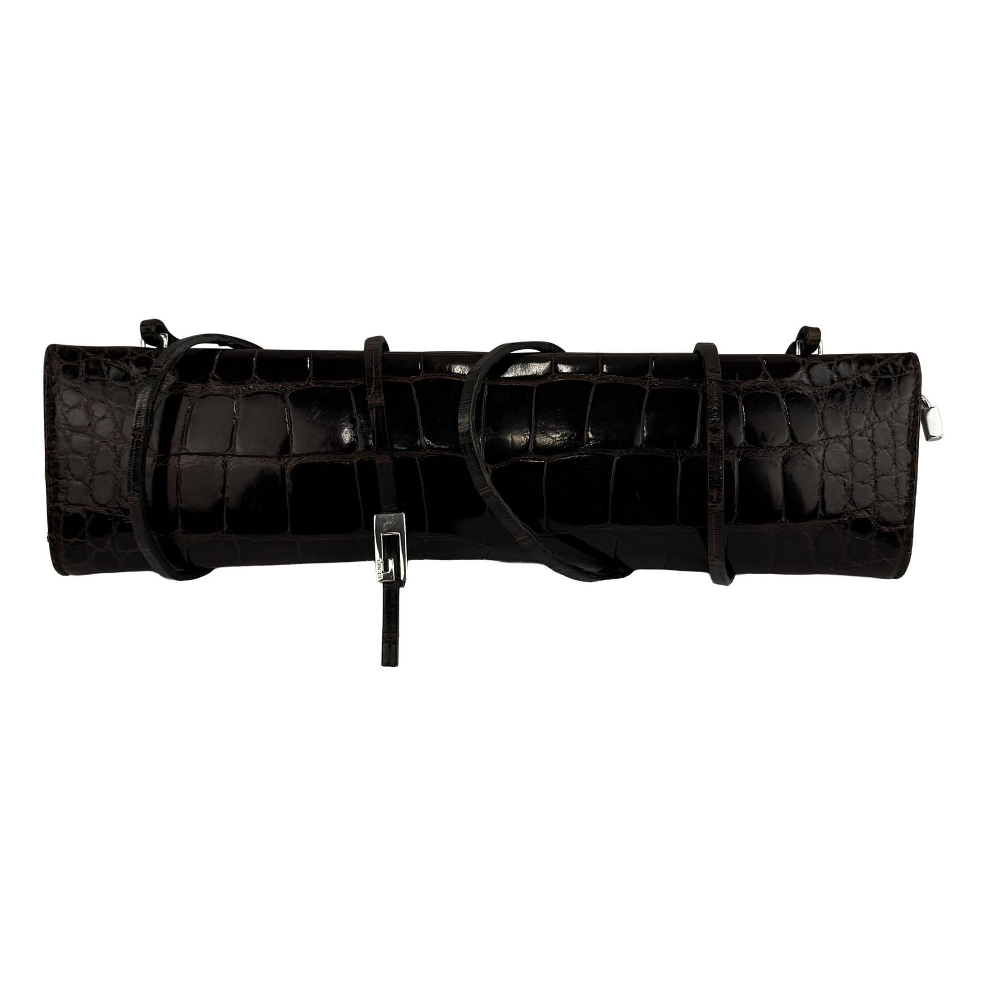 S/S 1998 Gucci by Tom Ford Runway Genuine Alligator Brown G Buckle Strap Clutch - RealList