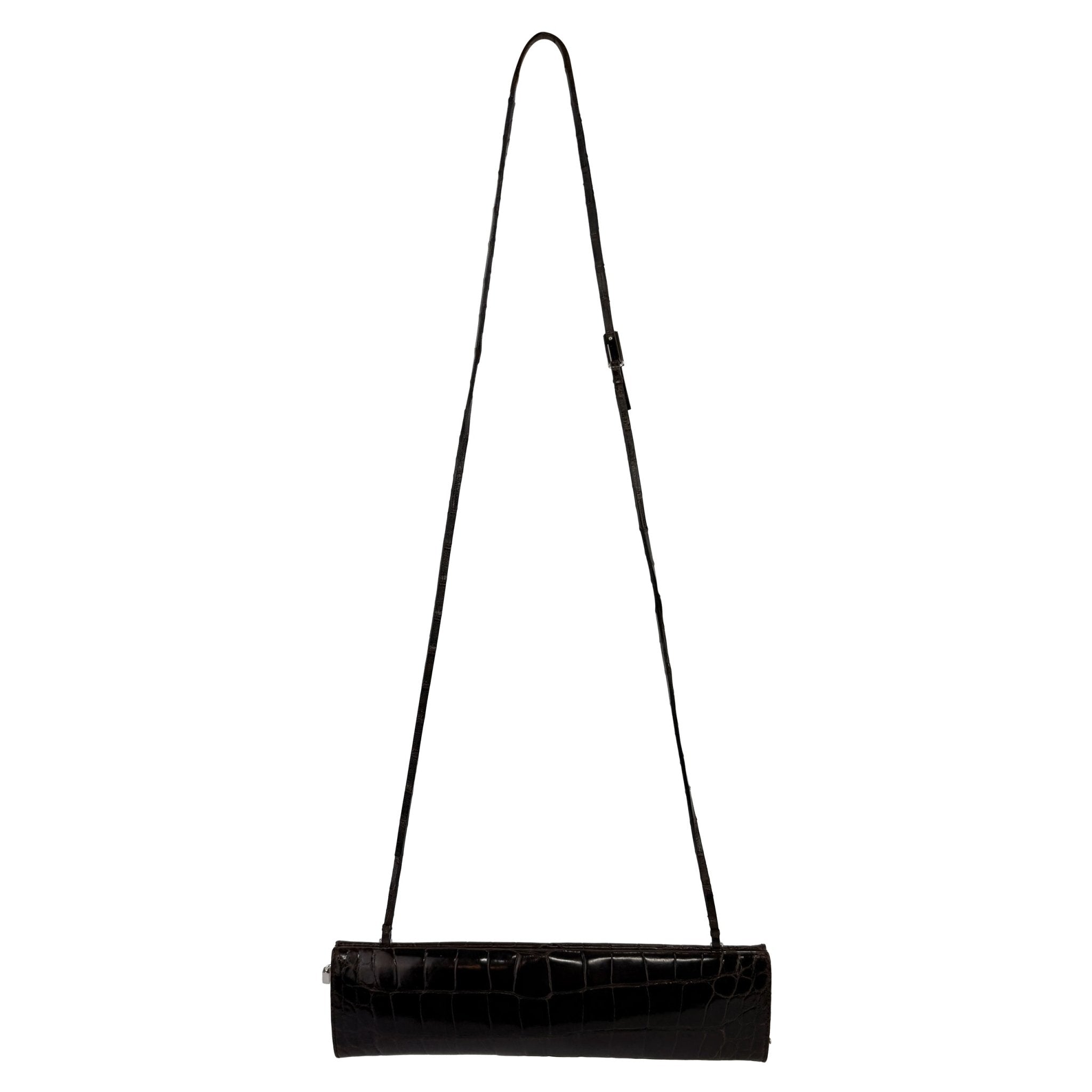 S/S 1998 Gucci by Tom Ford Runway Genuine Alligator Brown G Buckle Strap Clutch - RealList