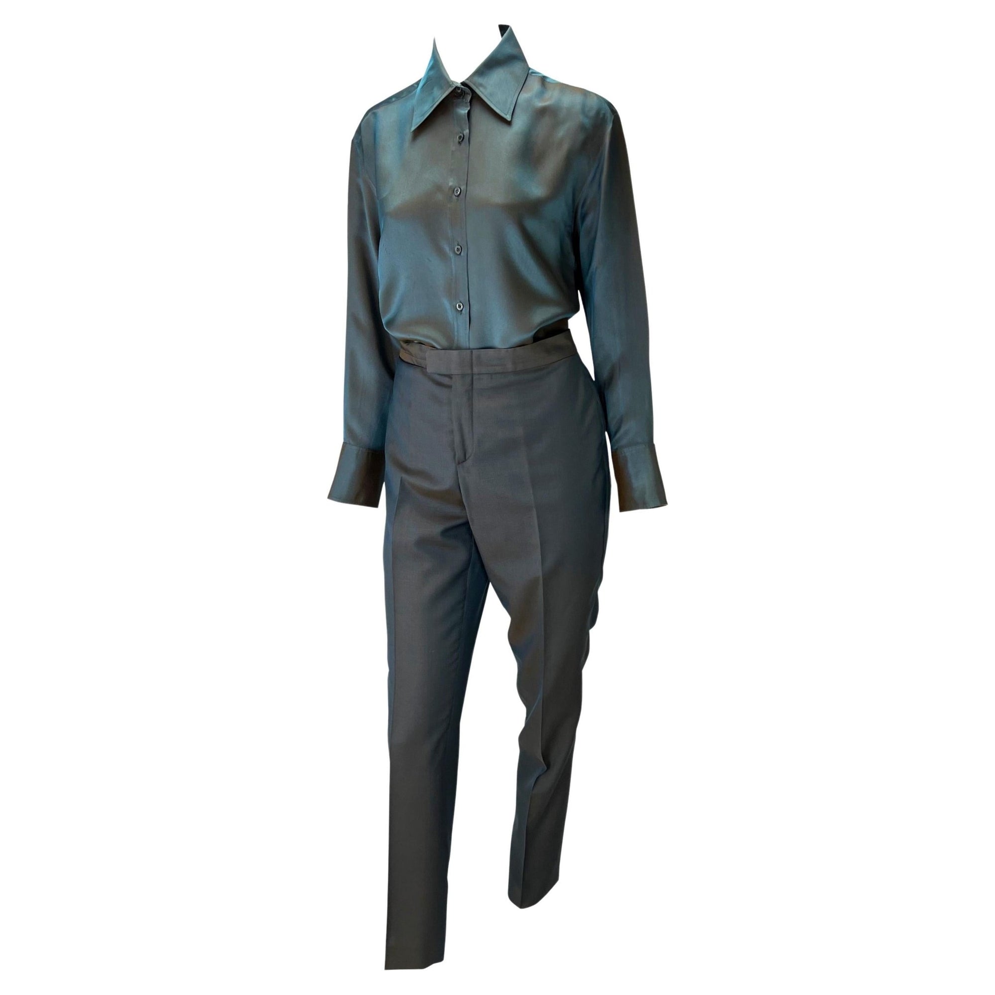 S/S 1998 Gucci by Tom Ford Runway Iridescent Satin Grey Rust Button Up Pant Set - RealList