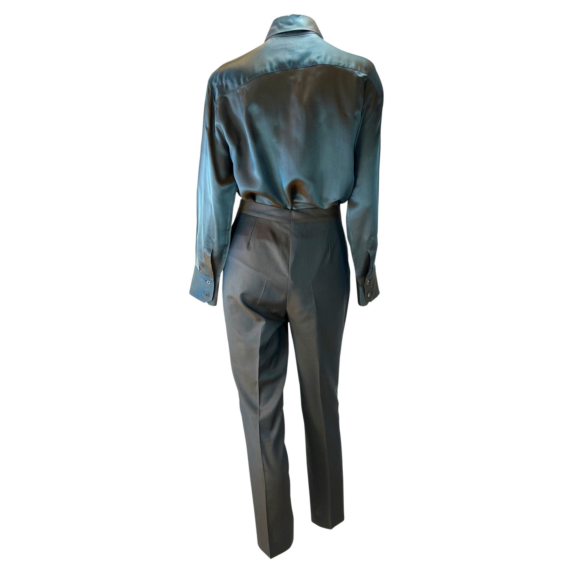 S/S 1998 Gucci by Tom Ford Runway Iridescent Satin Grey Rust Button Up Pant Set - RealList