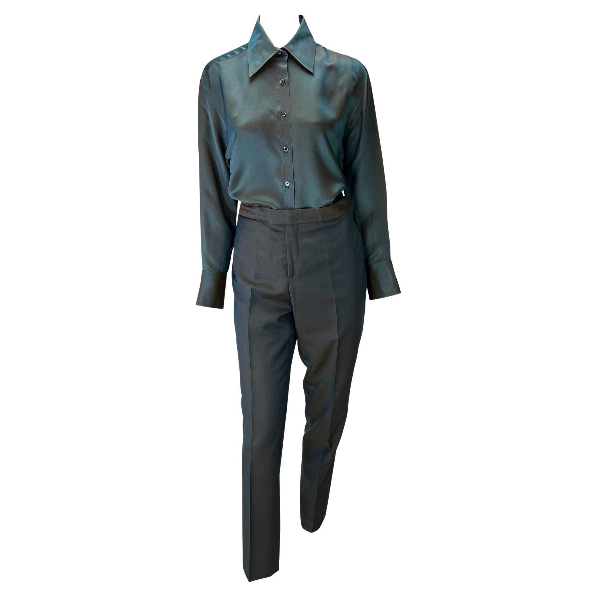 S/S 1998 Gucci by Tom Ford Runway Iridescent Satin Grey Rust Button Up Pant Set - RealList