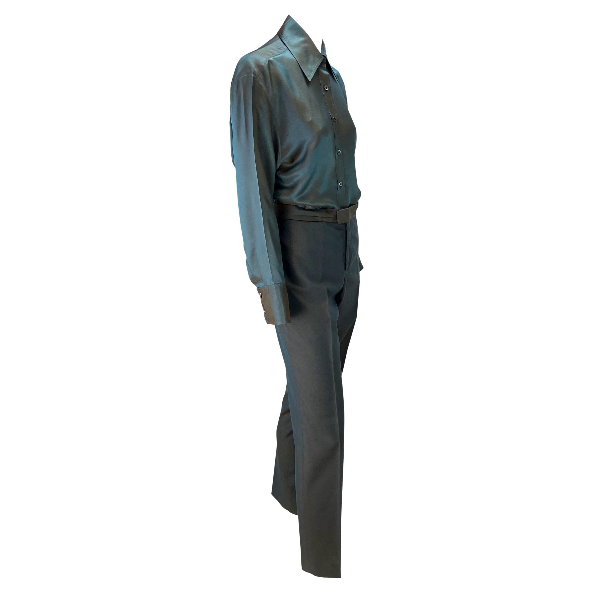 S/S 1998 Gucci by Tom Ford Runway Iridescent Satin Grey Rust Button Up Pant Set - RealList