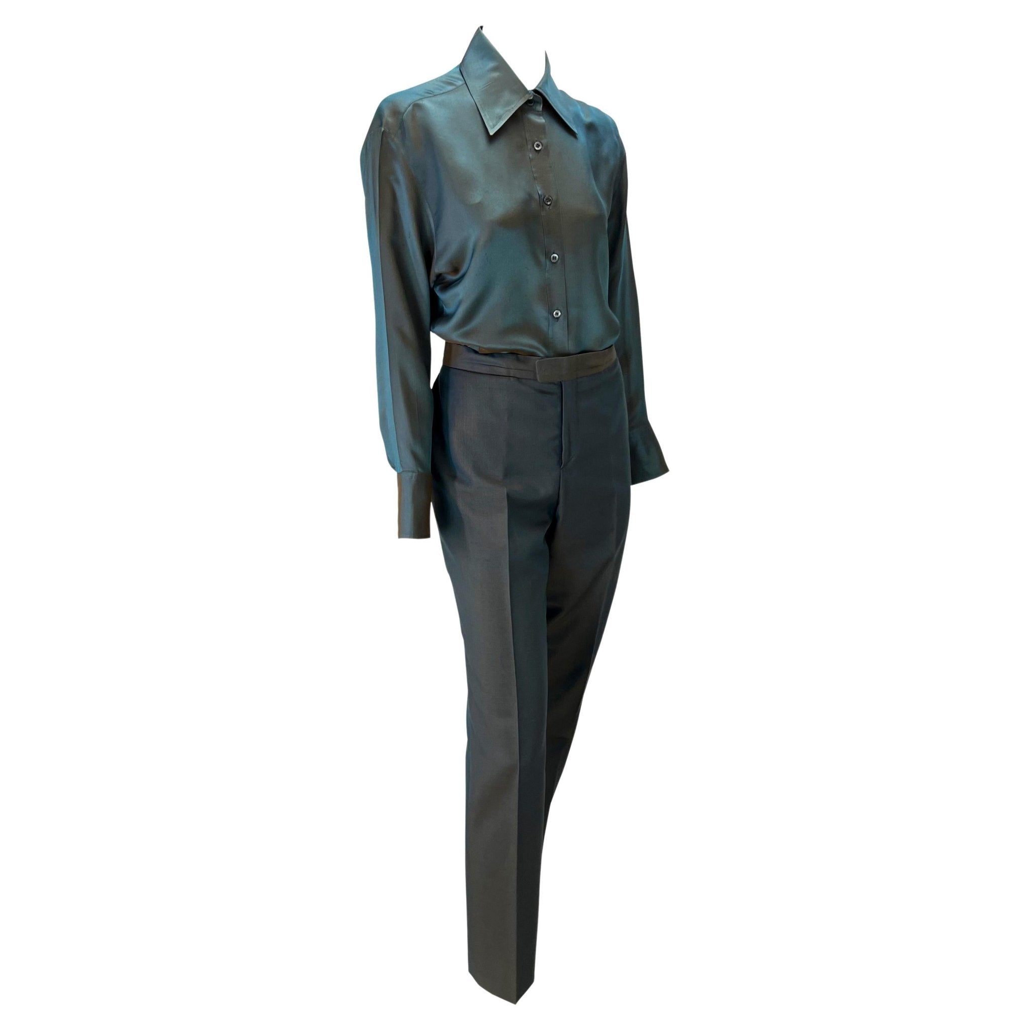 S/S 1998 Gucci by Tom Ford Runway Iridescent Satin Grey Rust Button Up Pant Set - RealList