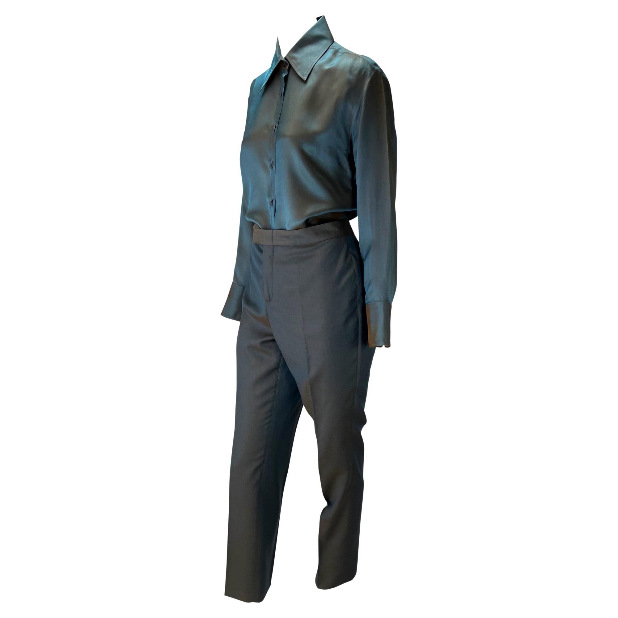 S/S 1998 Gucci by Tom Ford Runway Iridescent Satin Grey Rust Button Up Pant Set - RealList