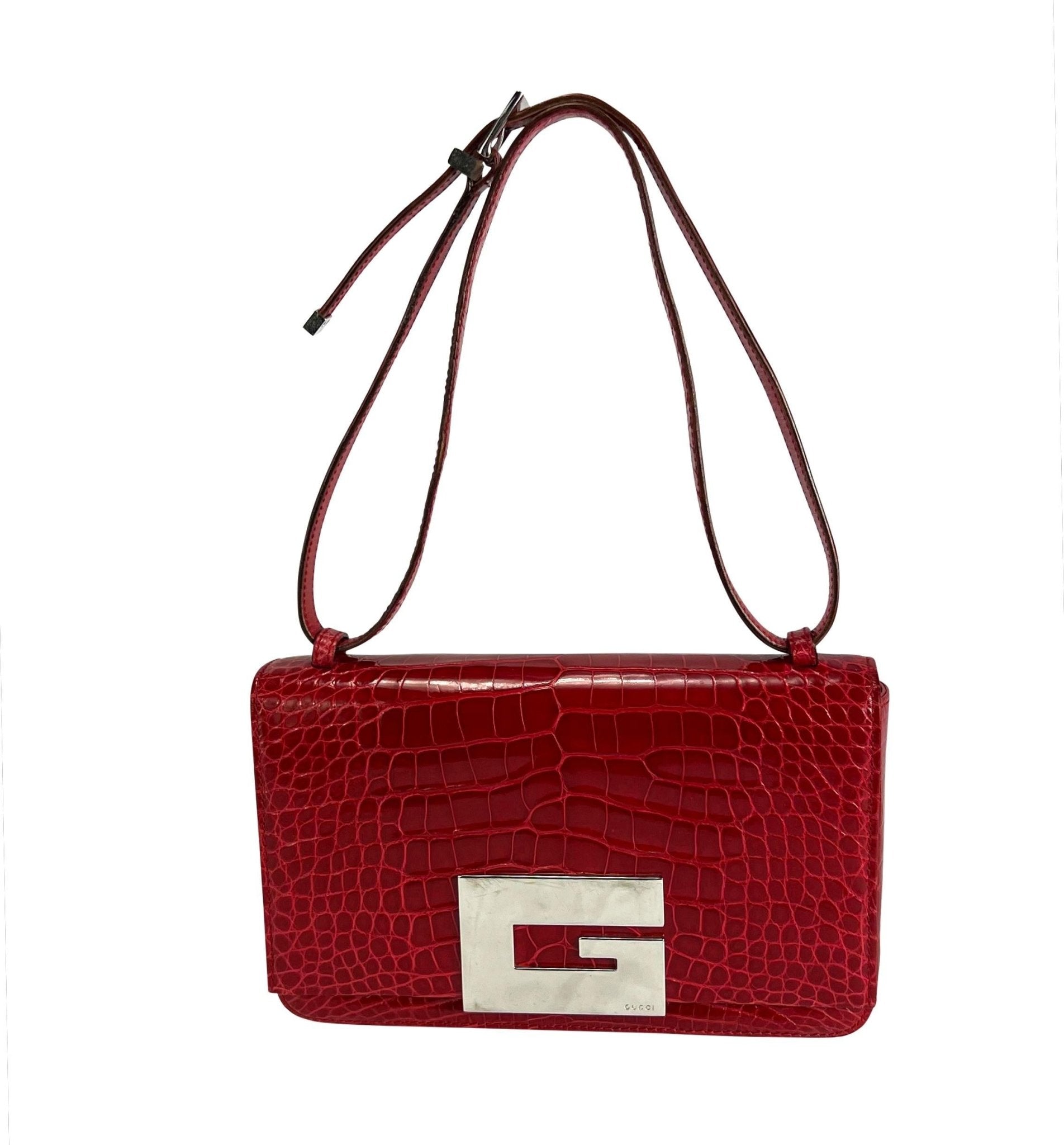 S/S 1998 Gucci by Tom Ford Runway Red Alligator Adjustable Crossbody G Logo Bag - RealList
