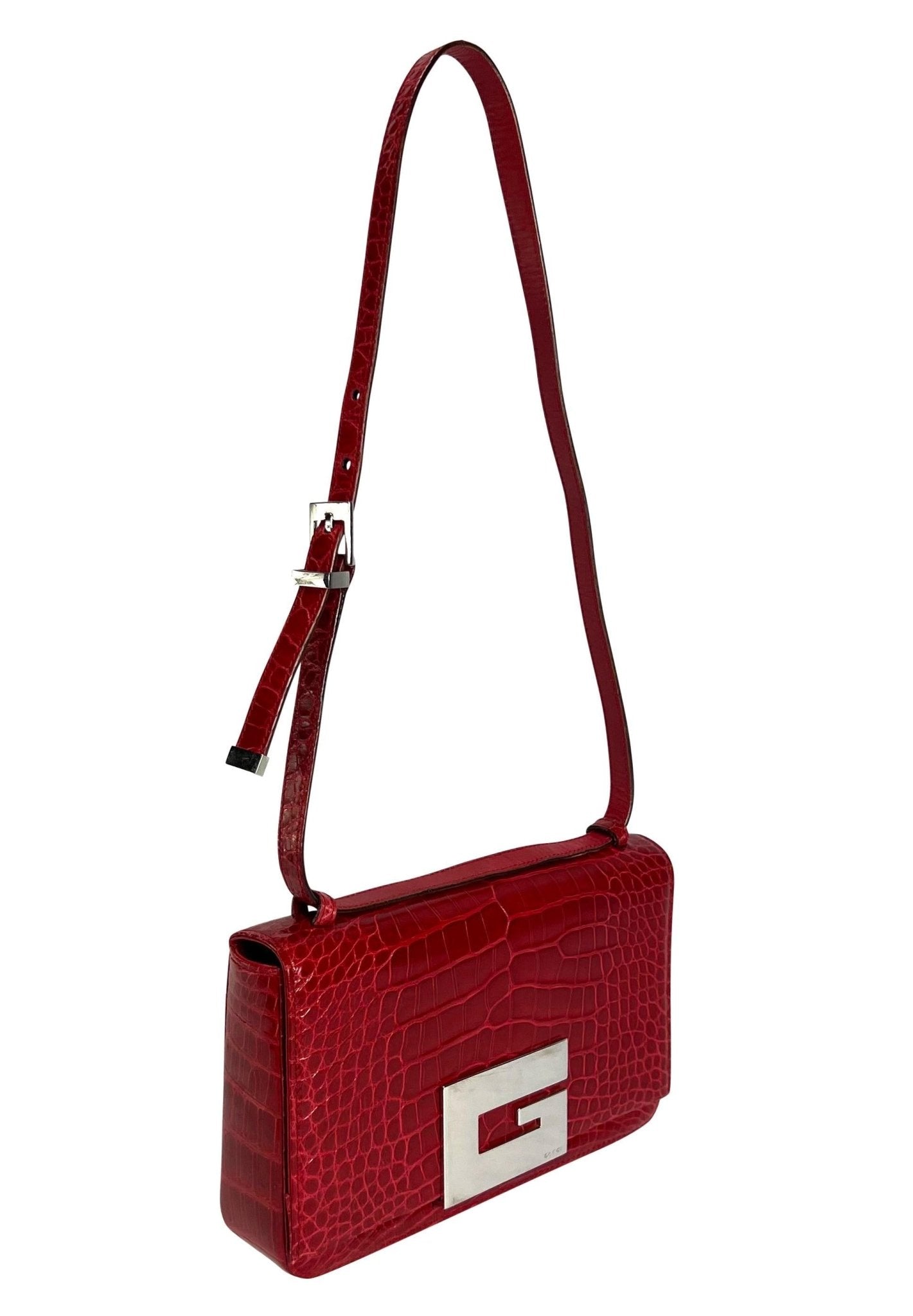 S/S 1998 Gucci by Tom Ford Runway Red Alligator Adjustable Crossbody G Logo Bag - RealList