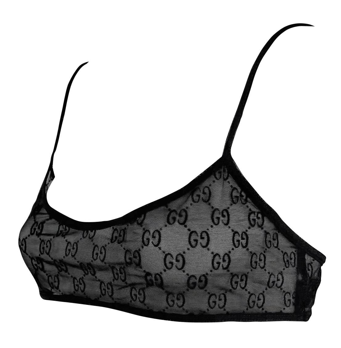 S/S 1998 Gucci by Tom Ford Runway Sheer Black Mesh Velvet GG Crop Top Bralette - RealList