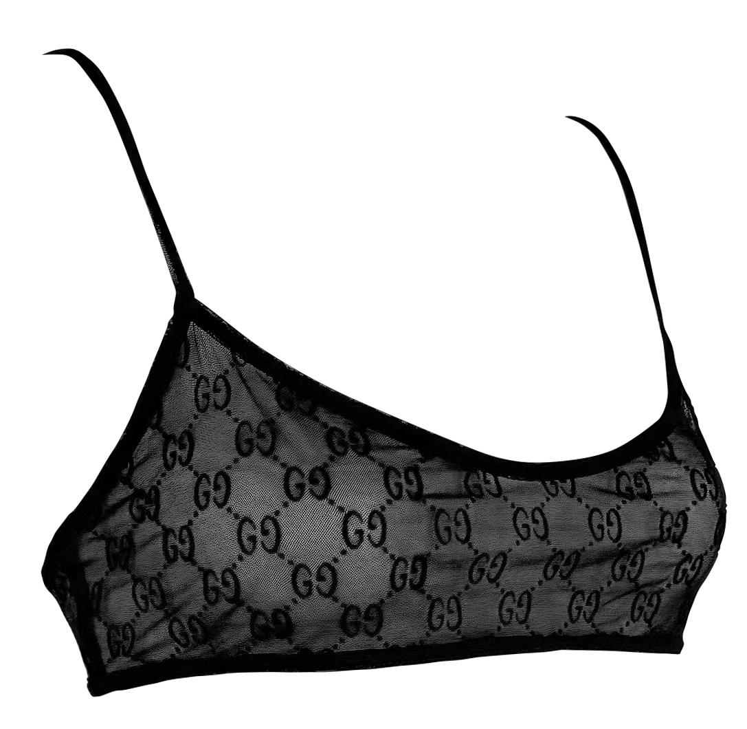 S/S 1998 Gucci by Tom Ford Runway Sheer Black Mesh Velvet GG Crop Top Bralette - RealList