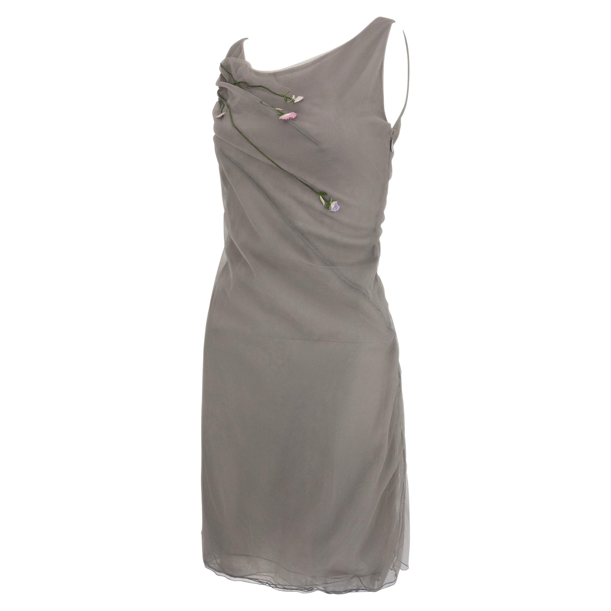S/S 1998 Guy Laroche by Alber Elbaz Sheer Grey Tulle Floral Embroidered Dress - RealList