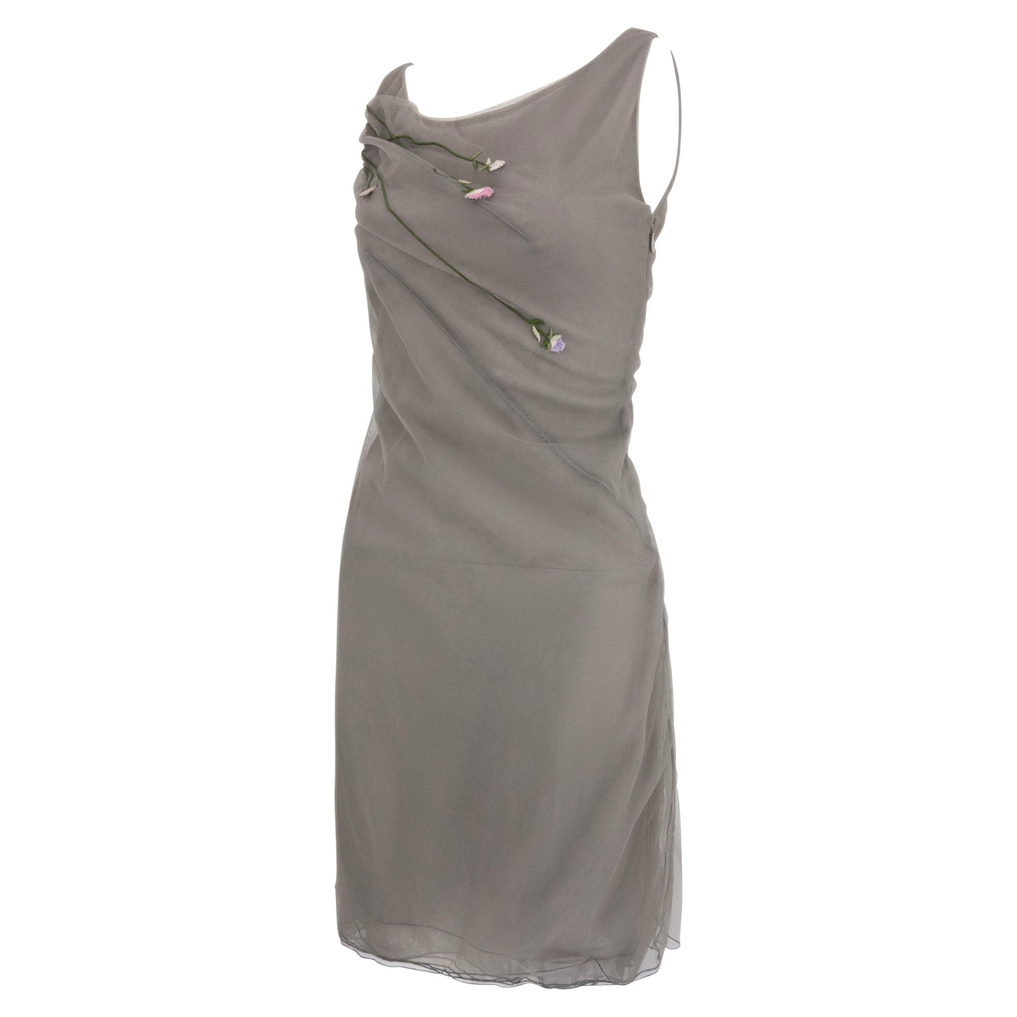 S/S 1998 Guy Laroche by Alber Elbaz Sheer Grey Tulle Floral Embroidered Dress - RealList