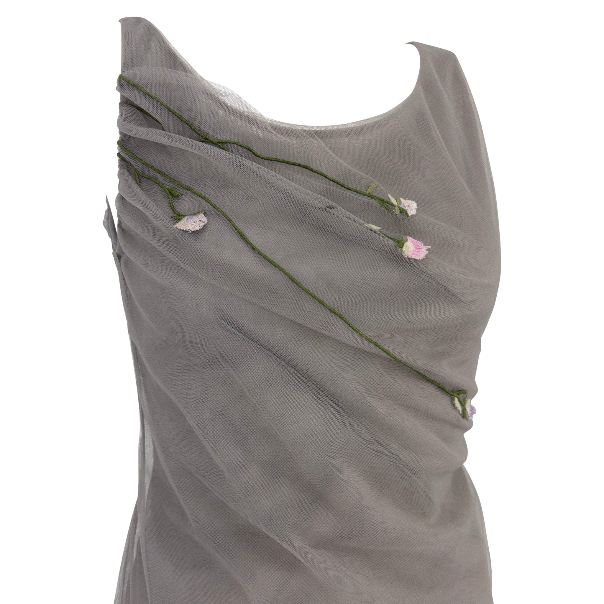 S/S 1998 Guy Laroche by Alber Elbaz Sheer Grey Tulle Floral Embroidered Dress - RealList