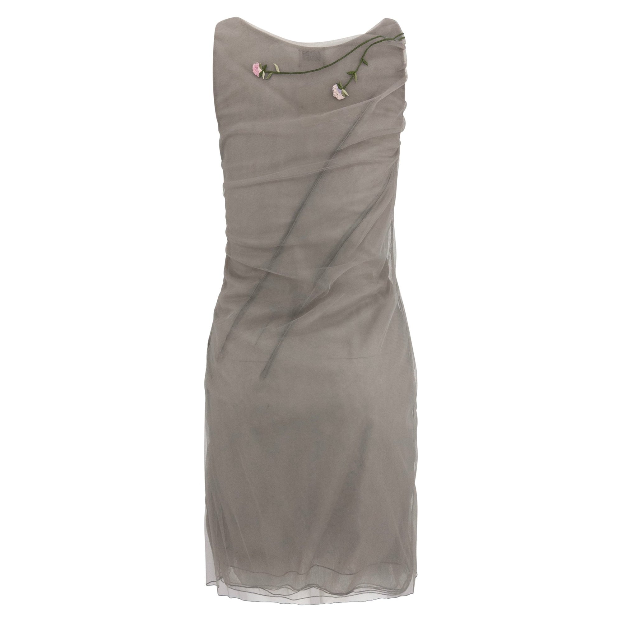 S/S 1998 Guy Laroche by Alber Elbaz Sheer Grey Tulle Floral Embroidered Dress - RealList