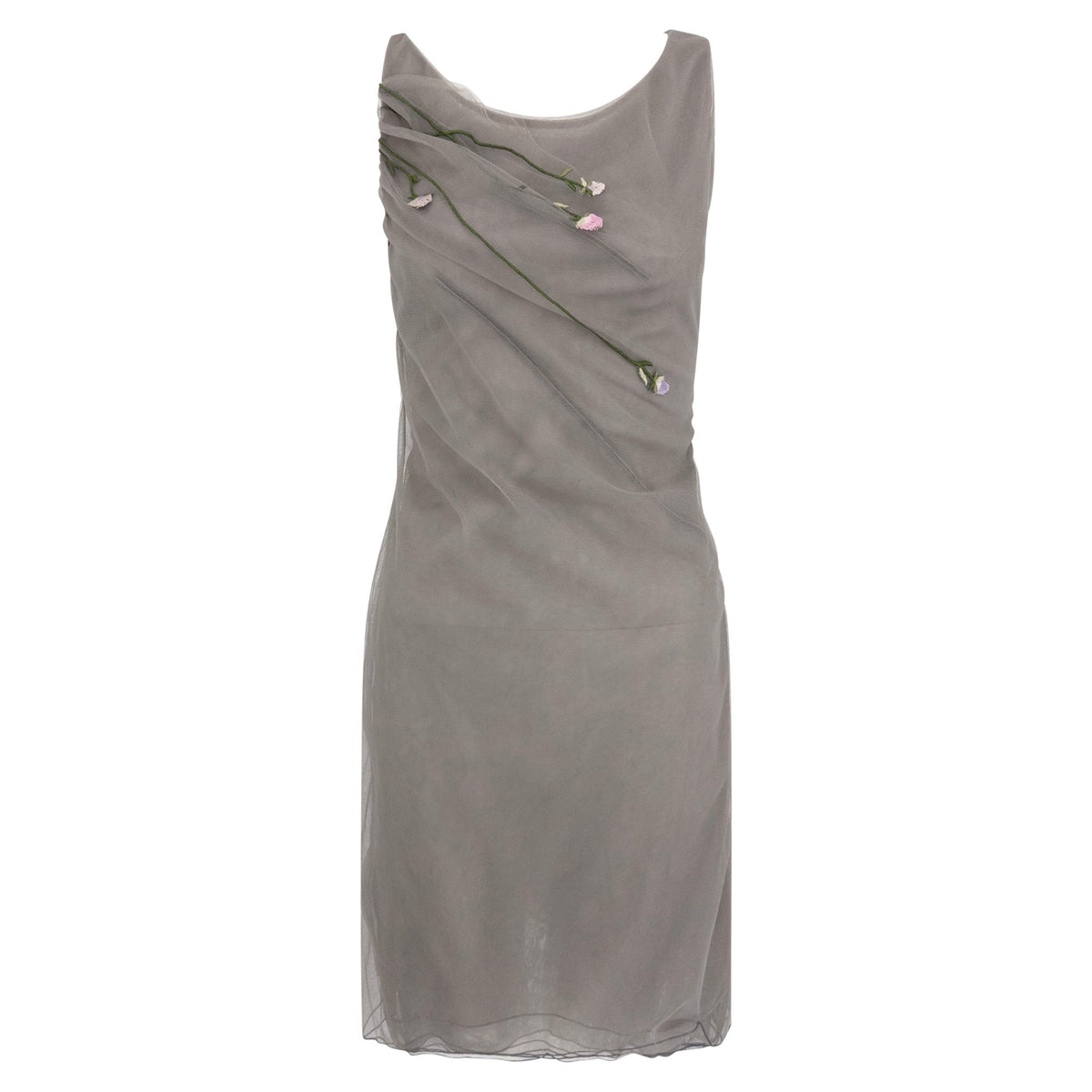 S/S 1998 Guy Laroche by Alber Elbaz Sheer Grey Tulle Floral Embroidered Dress - RealList