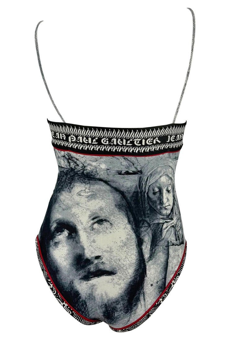 S/S 1998 Jean Paul Gaultier Classique Gothic Logo Grey One - Piece Swimsuit Faces - RealList