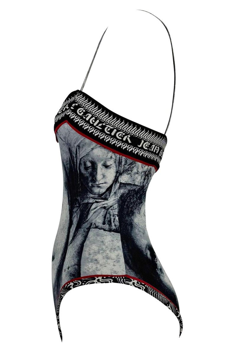 S/S 1998 Jean Paul Gaultier Classique Gothic Logo Grey One - Piece Swimsuit Faces - RealList