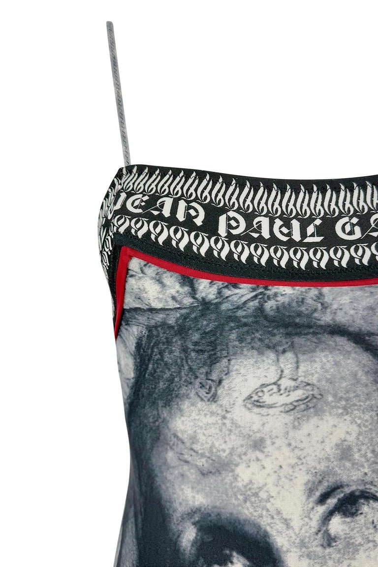S/S 1998 Jean Paul Gaultier Classique Gothic Logo Grey One - Piece Swimsuit Faces - RealList