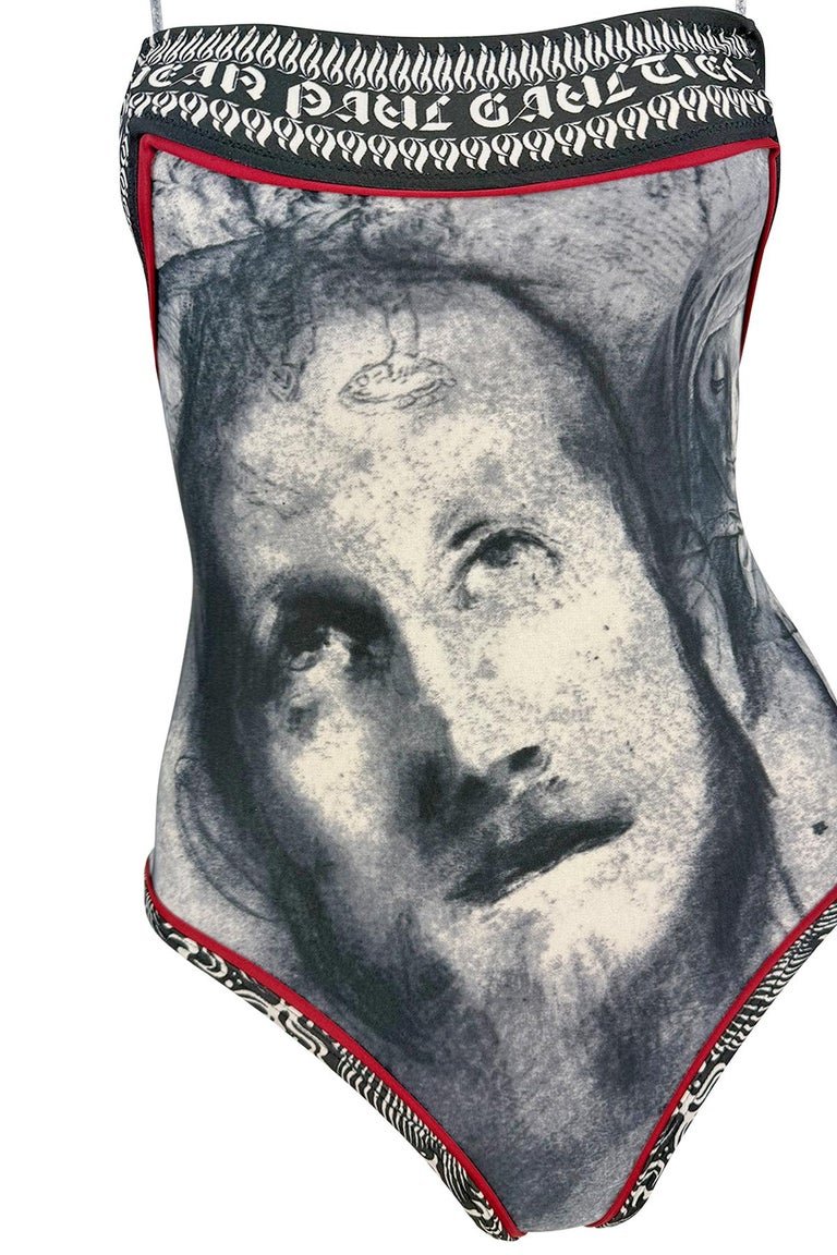 S/S 1998 Jean Paul Gaultier Classique Gothic Logo Grey One - Piece Swimsuit Faces - RealList