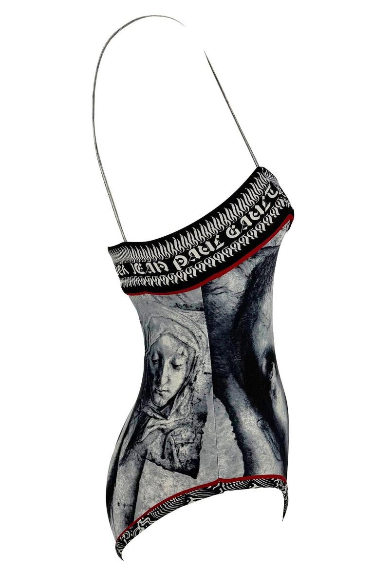 S/S 1998 Jean Paul Gaultier Classique Gothic Logo Grey One - Piece Swimsuit Faces - RealList