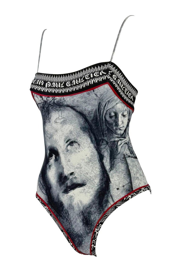 S/S 1998 Jean Paul Gaultier Classique Gothic Logo Grey One - Piece Swimsuit Faces - RealList
