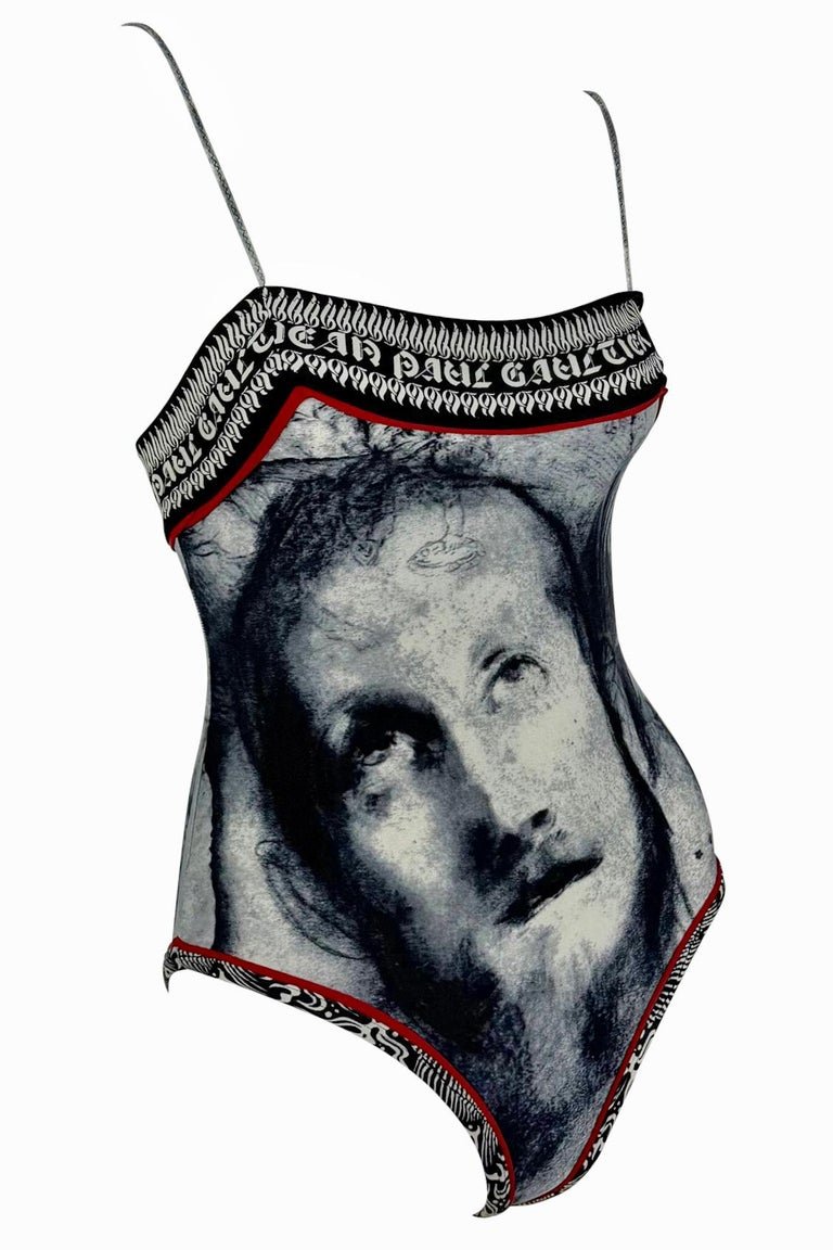 S/S 1998 Jean Paul Gaultier Classique Gothic Logo Grey One - Piece Swimsuit Faces - RealList