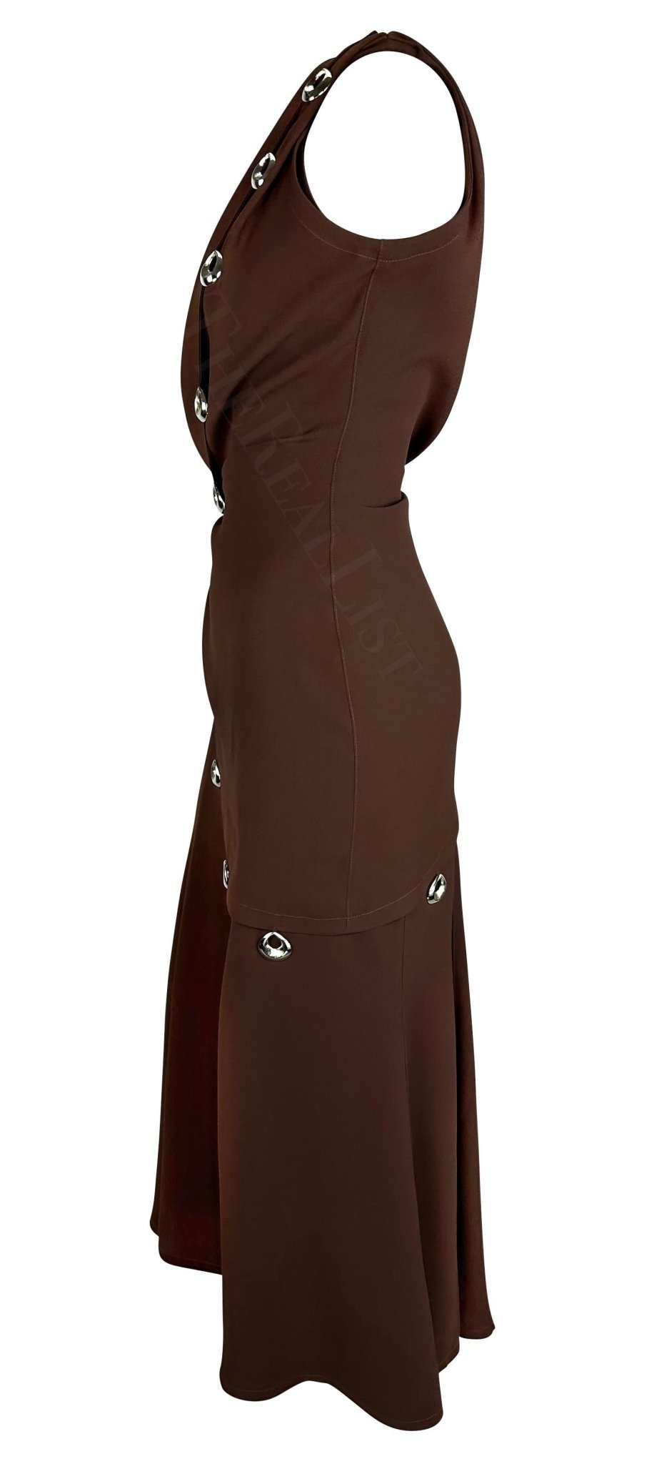 S/S 1998 Thierry Mugler Silver Abstract Pendant Brown Wrap Drape Maxi Dress - RealList