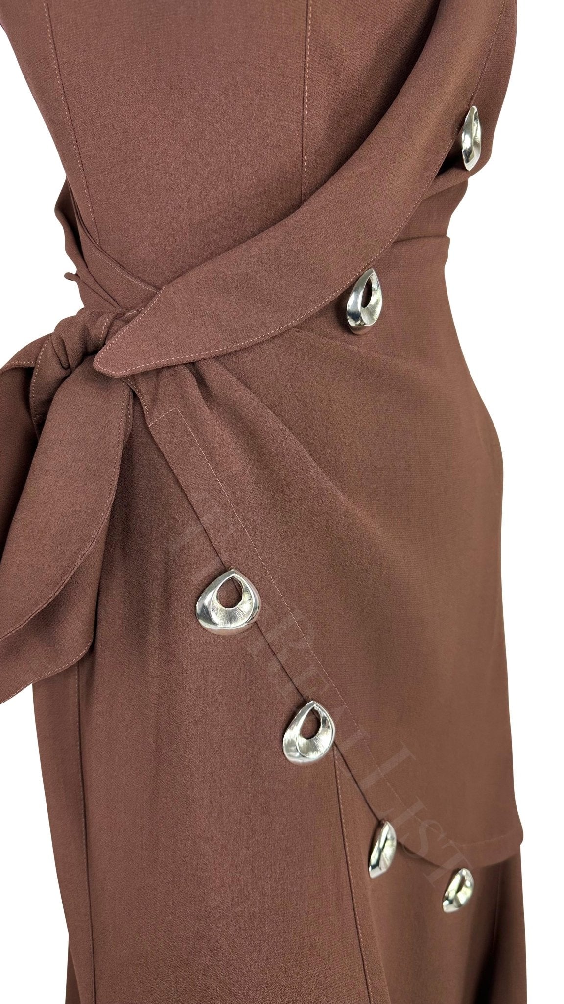 S/S 1998 Thierry Mugler Silver Abstract Pendant Brown Wrap Drape Maxi Dress - RealList