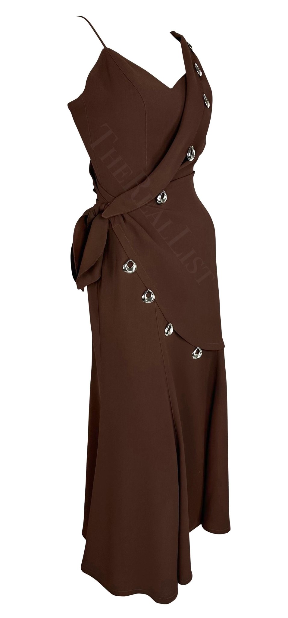 S/S 1998 Thierry Mugler Silver Abstract Pendant Brown Wrap Drape Maxi Dress - RealList
