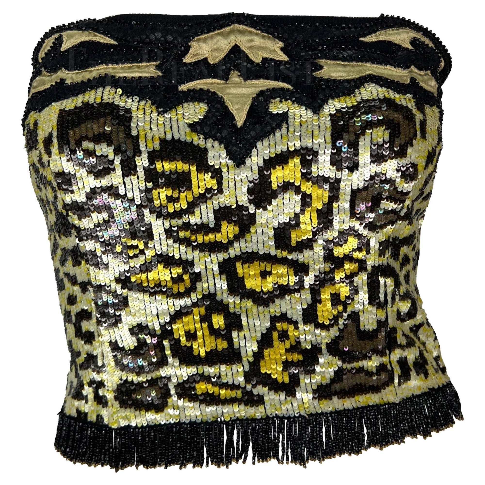S/S 1998 Valentino Garavani Runway Ad Beaded Sequin Leopard Strapless Crop Top - RealList