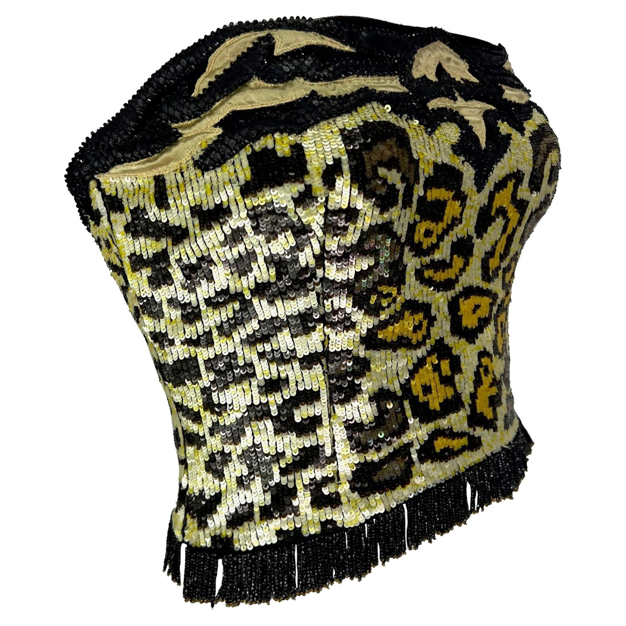 S/S 1998 Valentino Garavani Runway Ad Beaded Sequin Leopard Strapless Crop Top - RealList