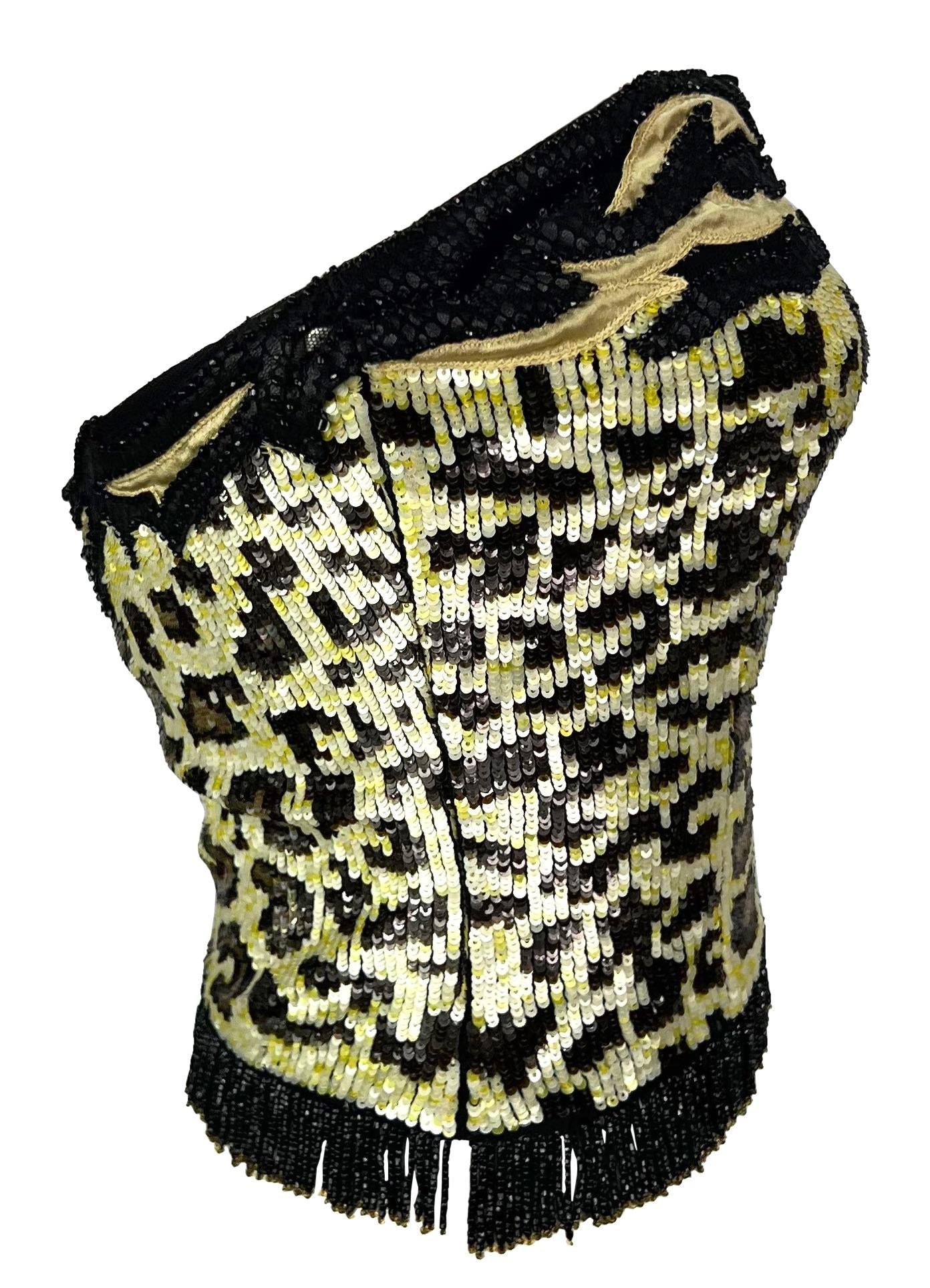 S/S 1998 Valentino Garavani Runway Ad Beaded Sequin Leopard Strapless Crop Top - RealList