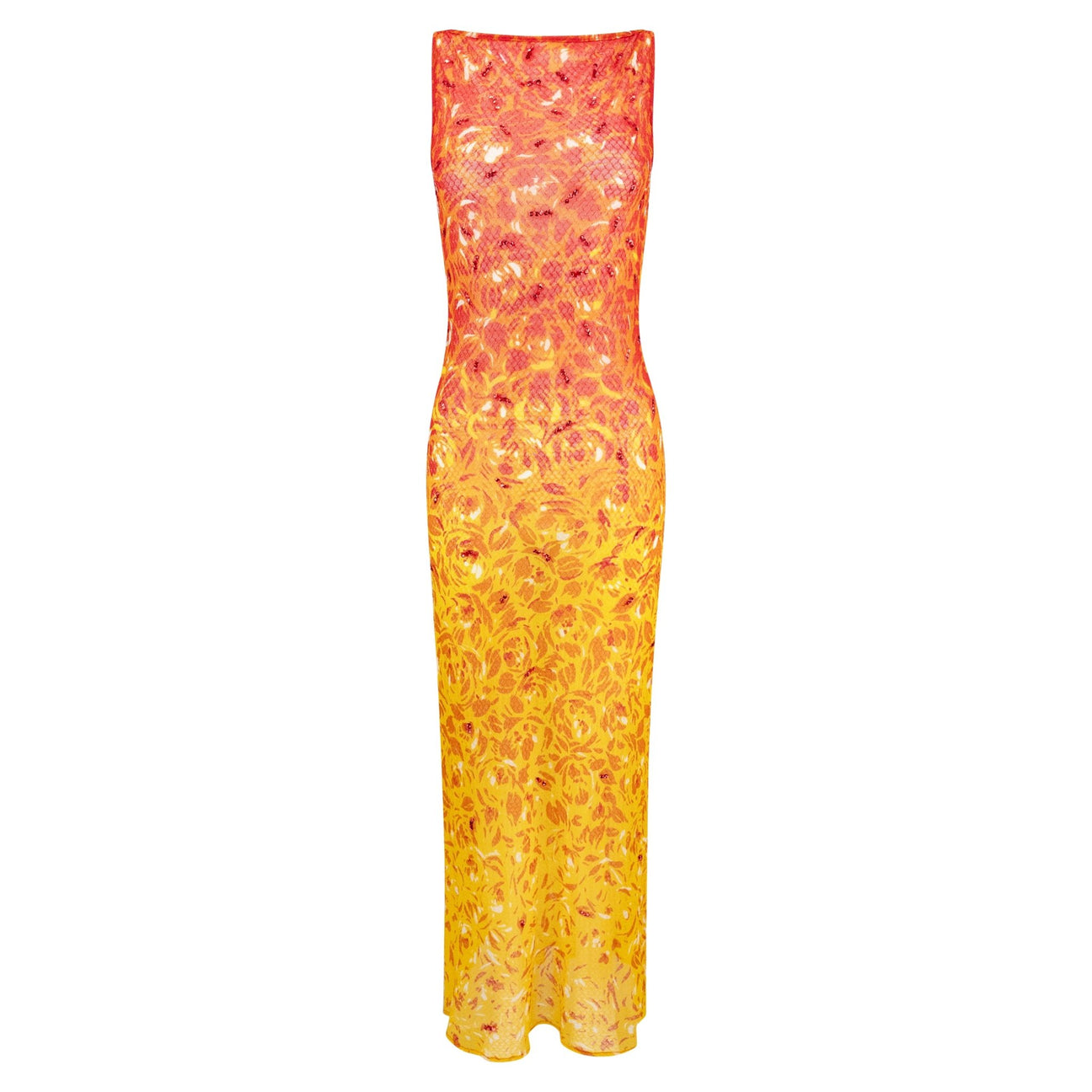 S/S 1998 Vivienne Tam Runway Sheer Fiery Red Sequin Mesh Maxi Dress - RealList