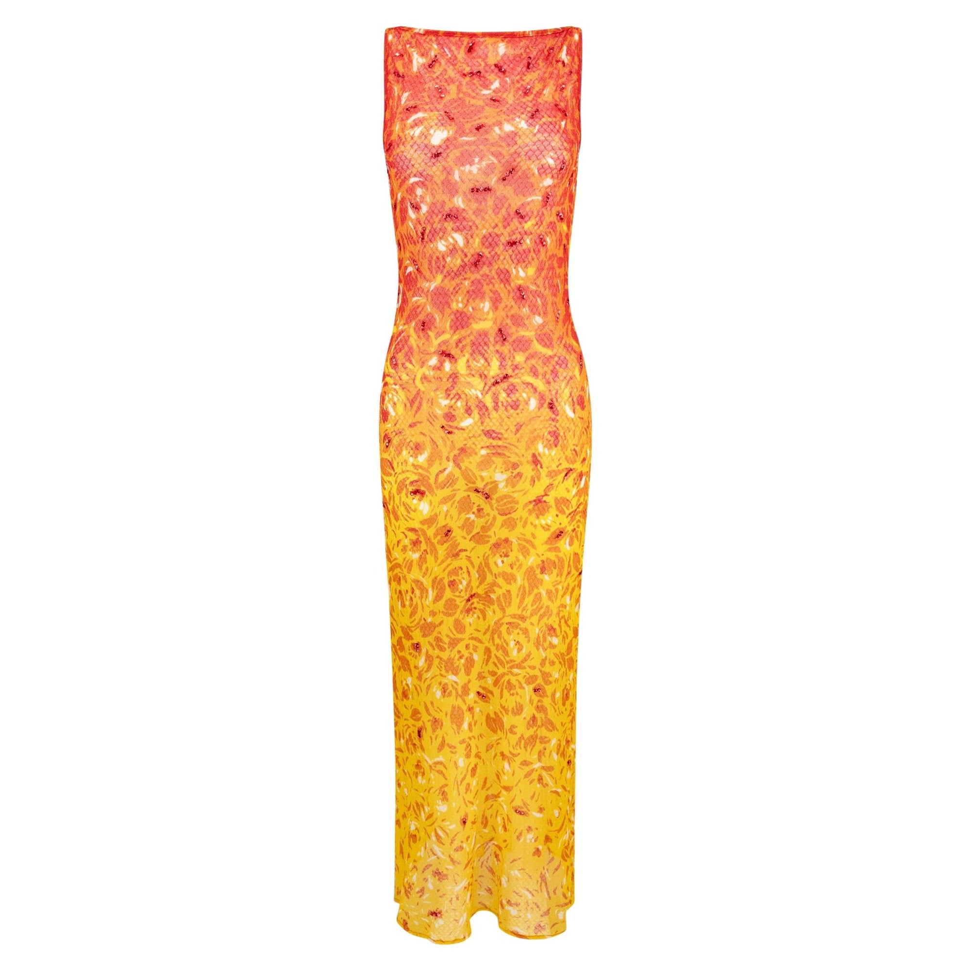 S/S 1998 Vivienne Tam Runway Sheer Fiery Red Sequin Mesh Maxi Dress - RealList