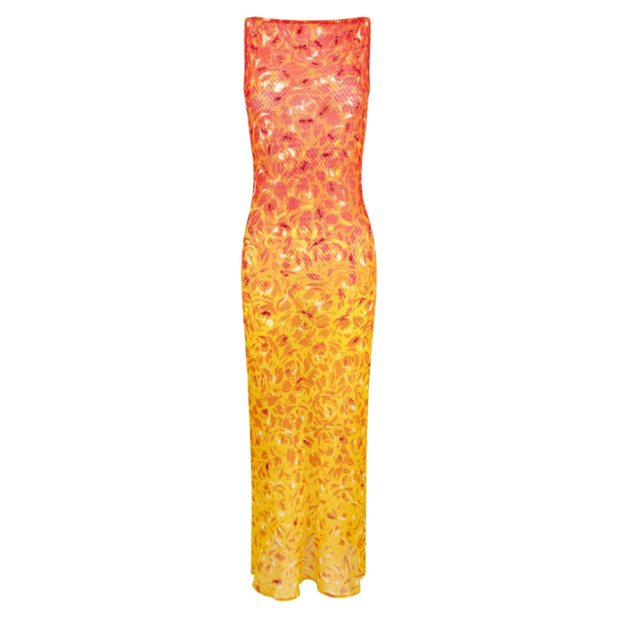 S/S 1998 Vivienne Tam Runway Sheer Fiery Red Sequin Mesh Maxi Dress - RealList