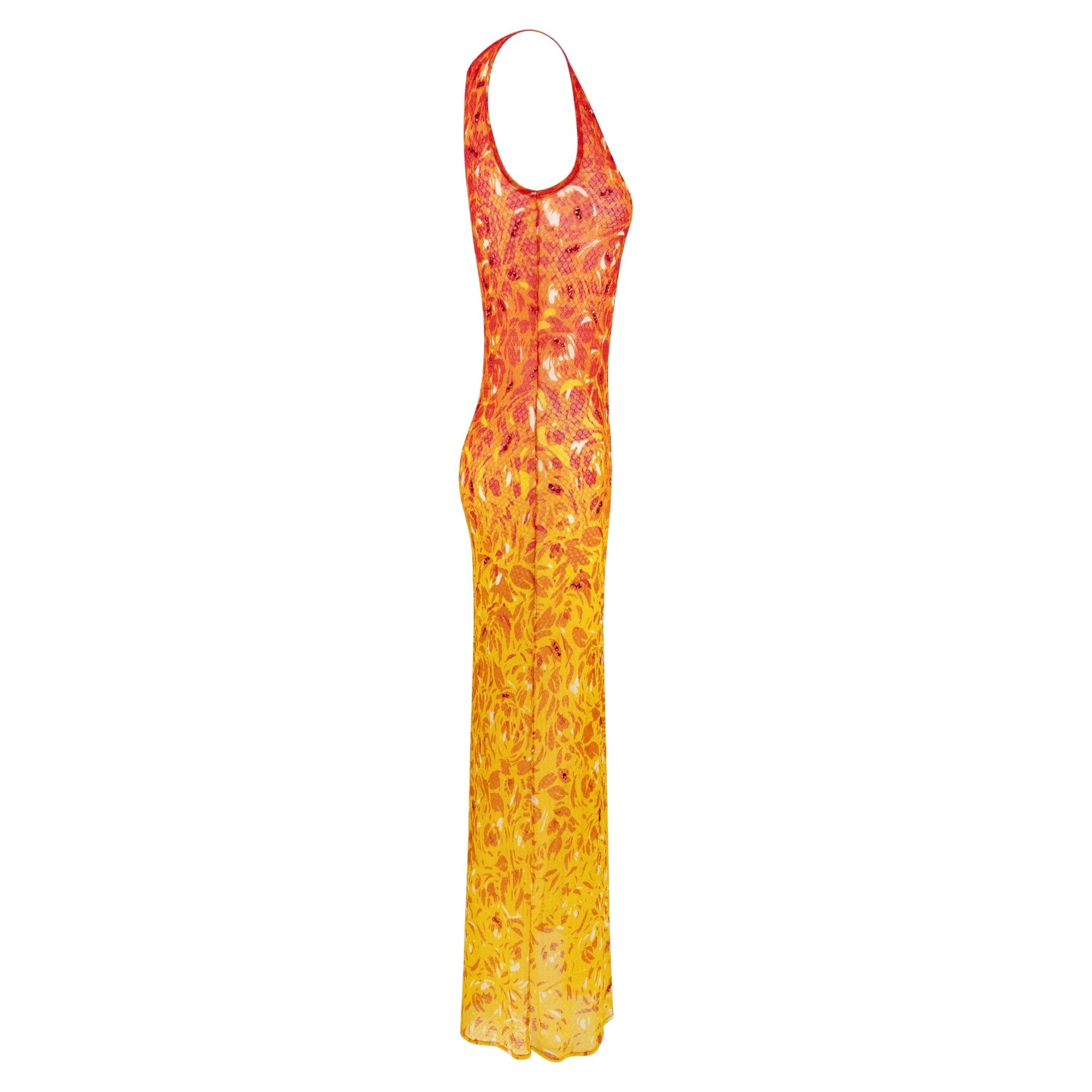 S/S 1998 Vivienne Tam Runway Sheer Fiery Red Sequin Mesh Maxi Dress - RealList