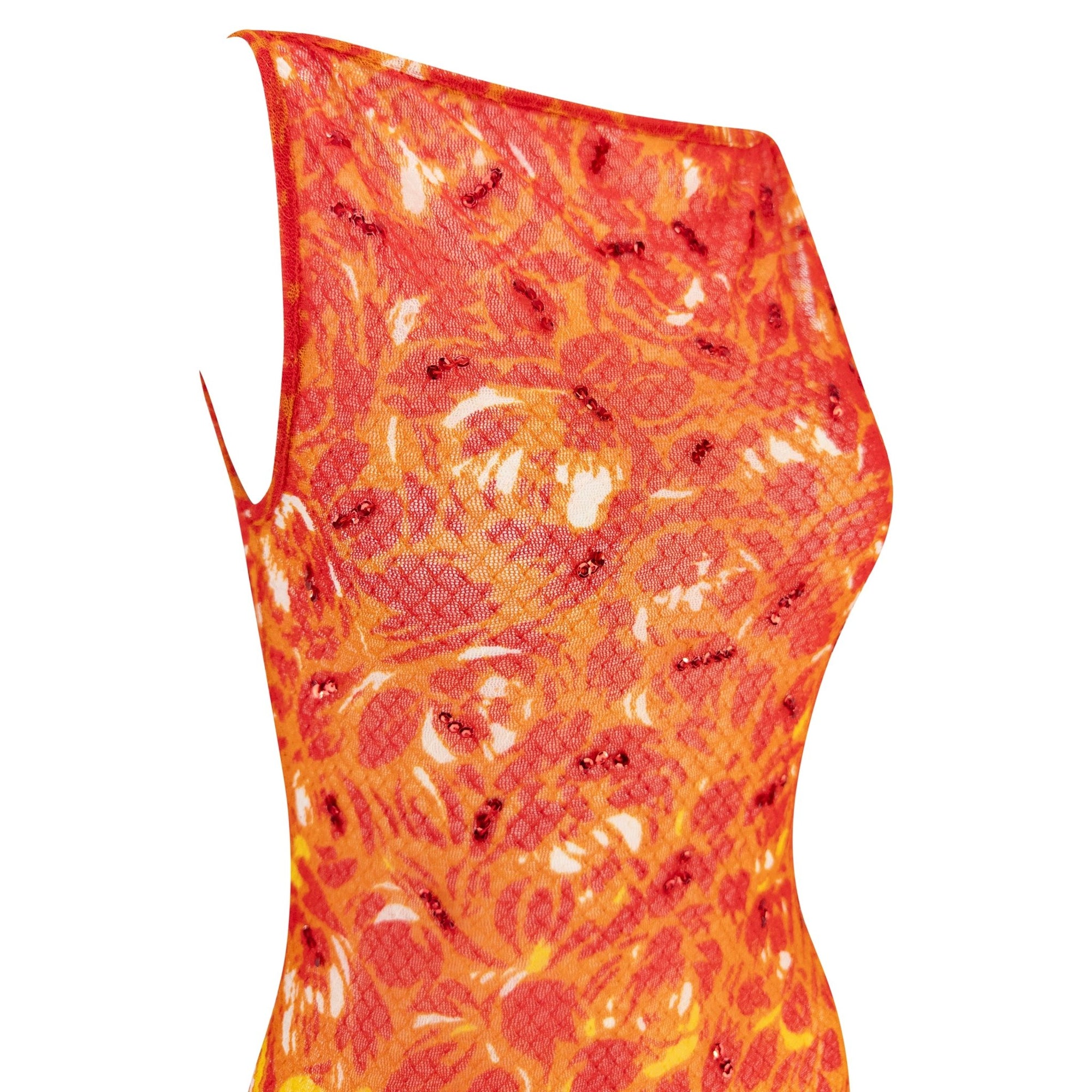 S/S 1998 Vivienne Tam Runway Sheer Fiery Red Sequin Mesh Maxi Dress - RealList