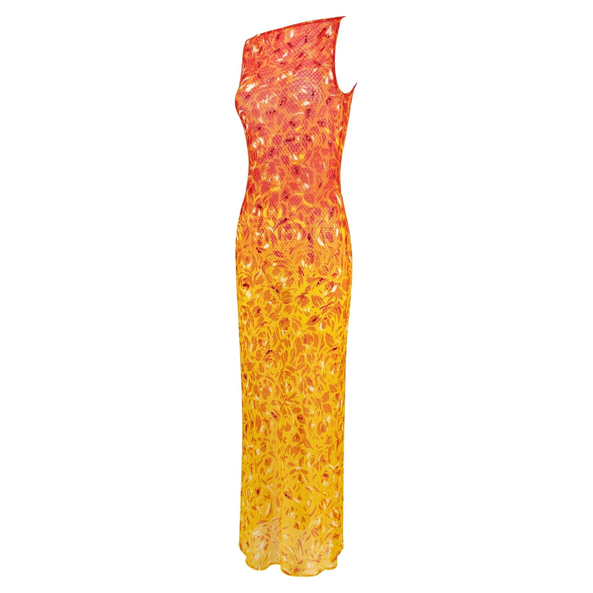 S/S 1998 Vivienne Tam Runway Sheer Fiery Red Sequin Mesh Maxi Dress - RealList