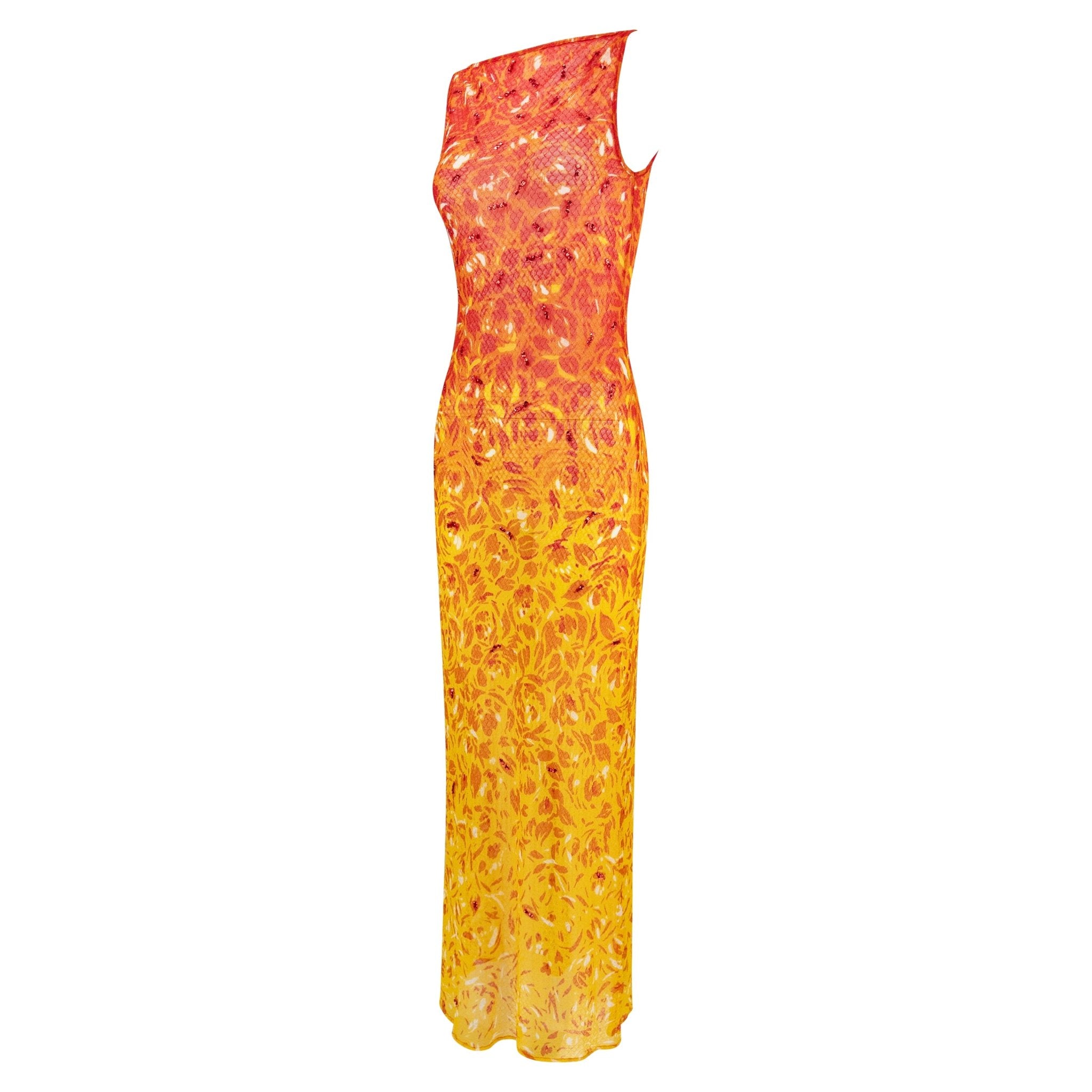 S/S 1998 Vivienne Tam Runway Sheer Fiery Red Sequin Mesh Maxi Dress - RealList