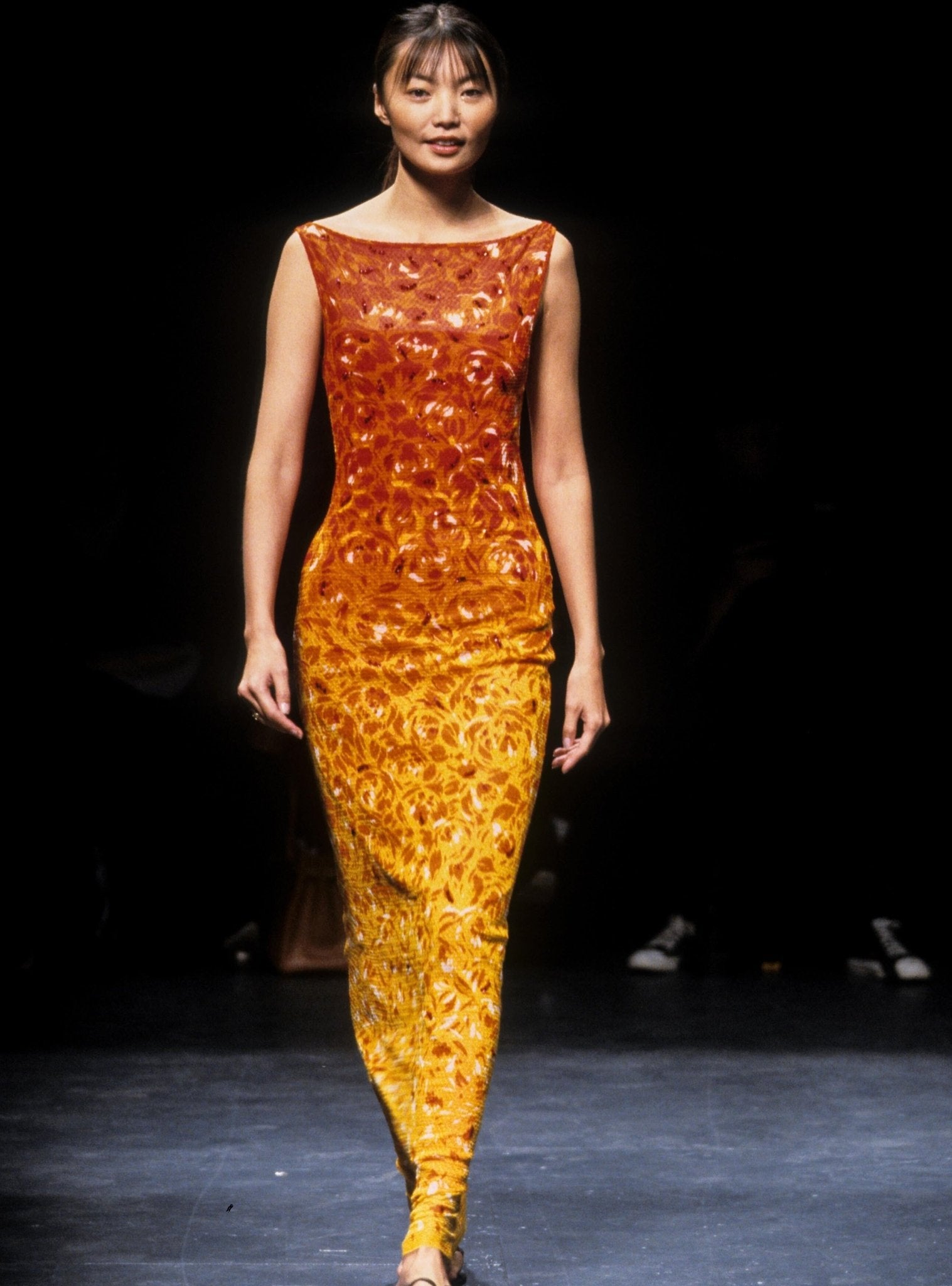 S/S 1998 Vivienne Tam Runway Sheer Fiery Red Sequin Mesh Maxi Dress - RealList