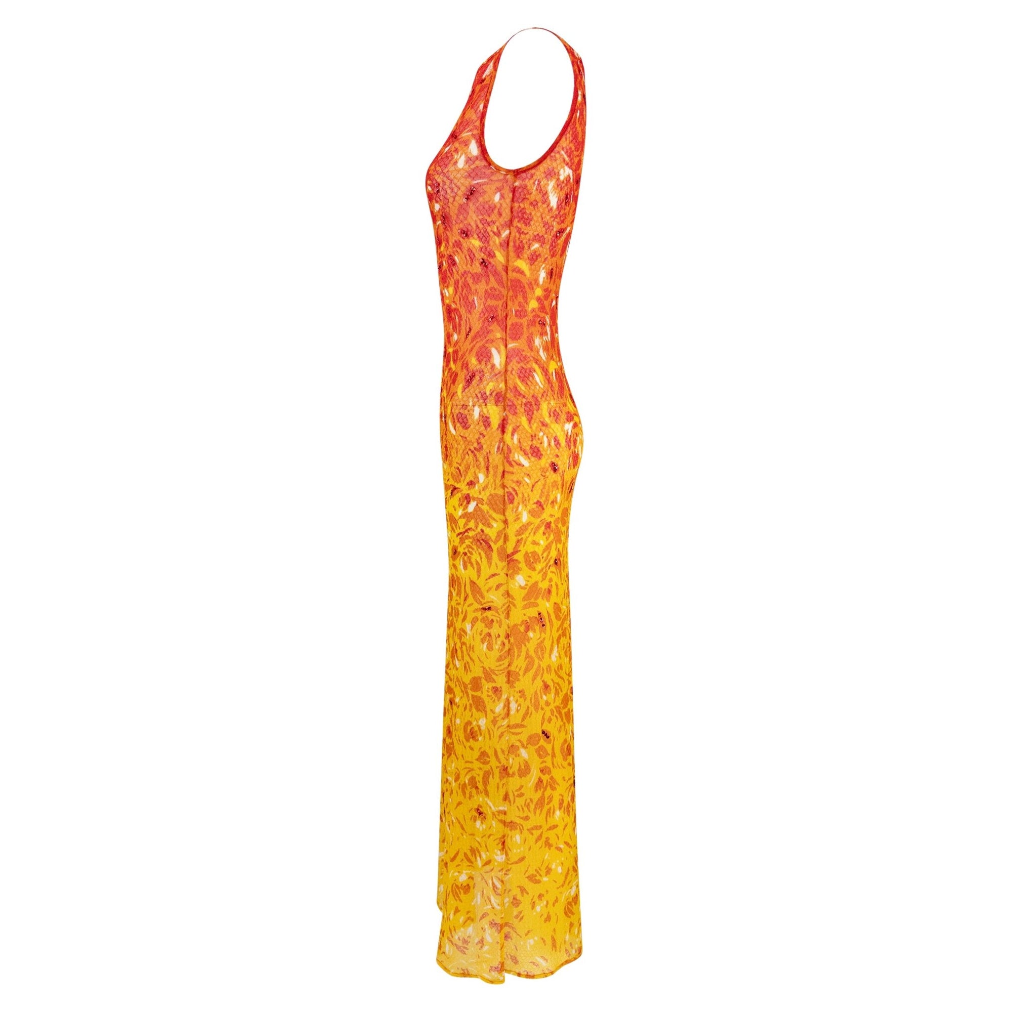 S/S 1998 Vivienne Tam Runway Sheer Fiery Red Sequin Mesh Maxi Dress - RealList