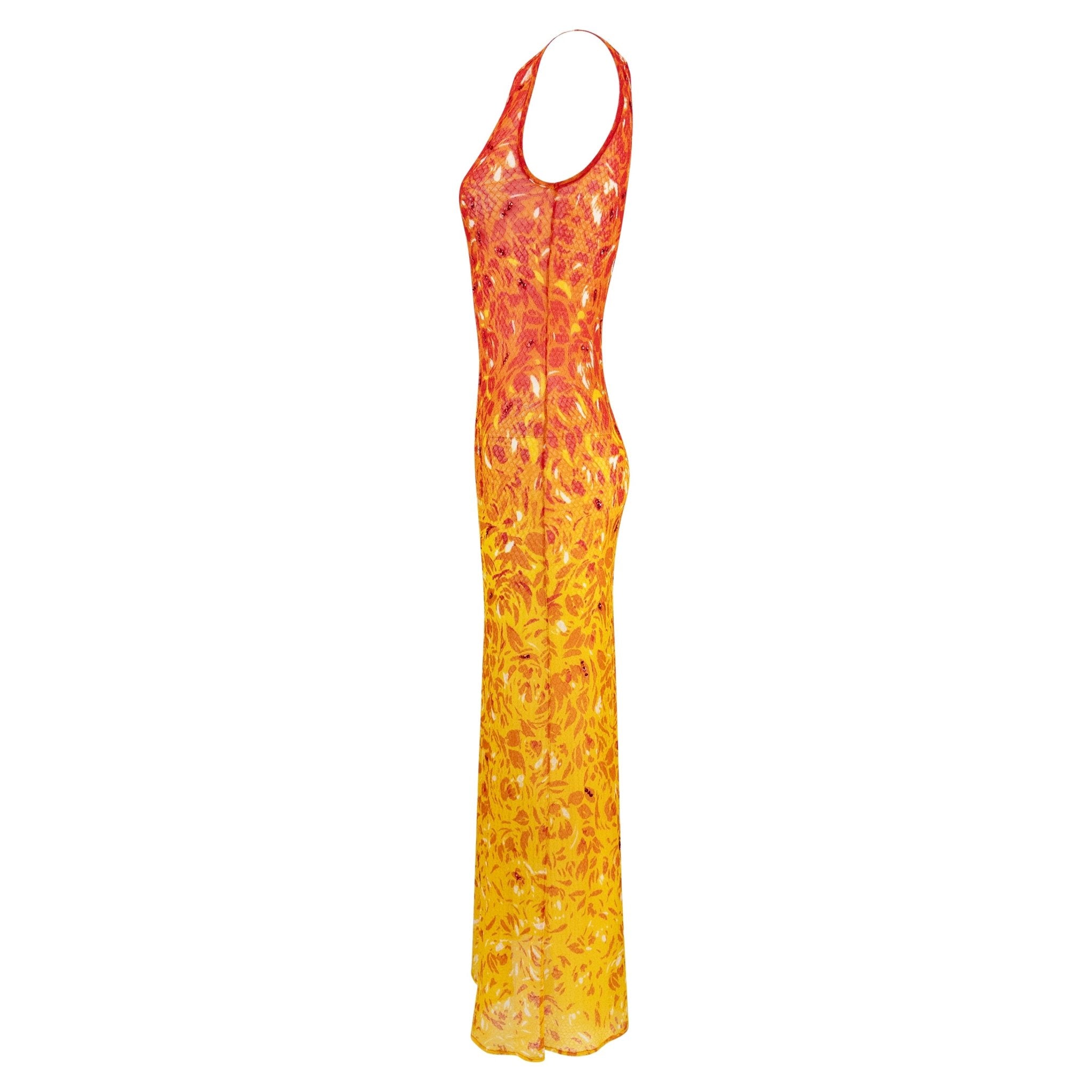 S/S 1998 Vivienne Tam Runway Sheer Fiery Red Sequin Mesh Maxi Dress - RealList