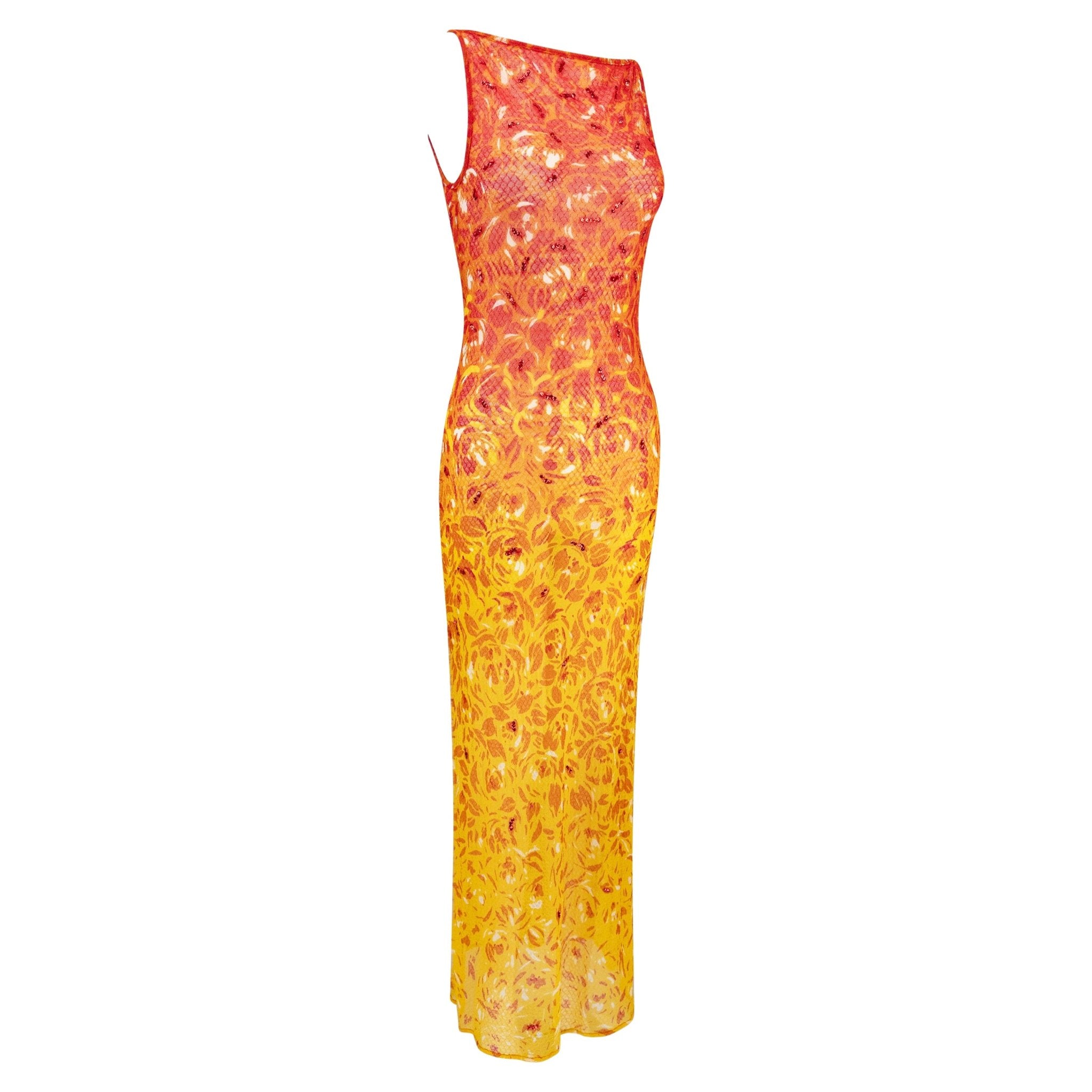 S/S 1998 Vivienne Tam Runway Sheer Fiery Red Sequin Mesh Maxi Dress - RealList