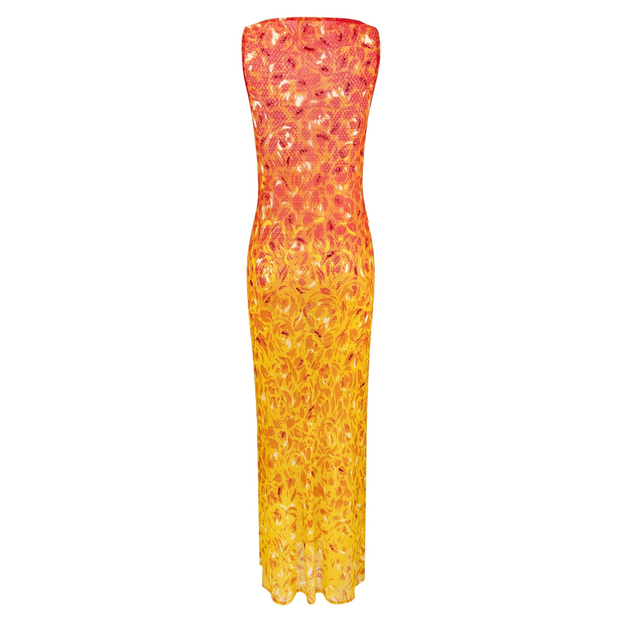 S/S 1998 Vivienne Tam Runway Sheer Fiery Red Sequin Mesh Maxi Dress - RealList