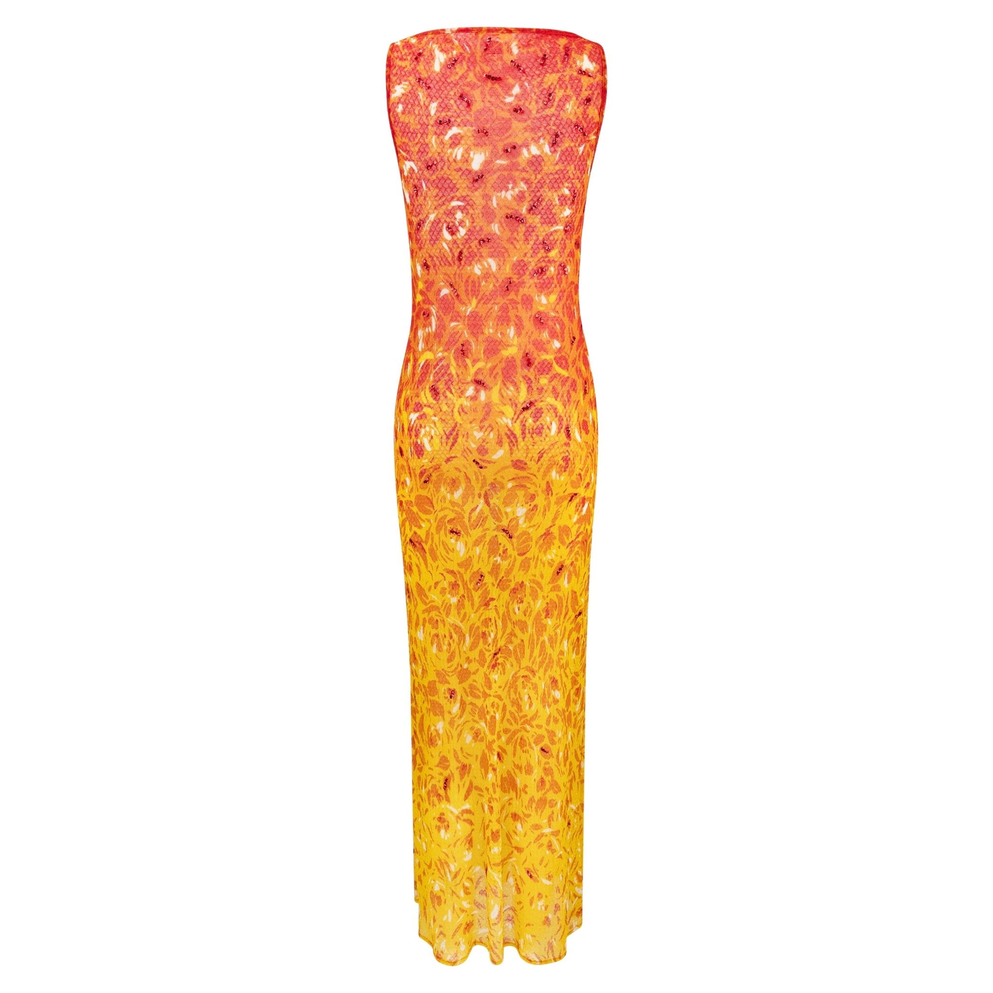 S/S 1998 Vivienne Tam Runway Sheer Fiery Red Sequin Mesh Maxi Dress - RealList