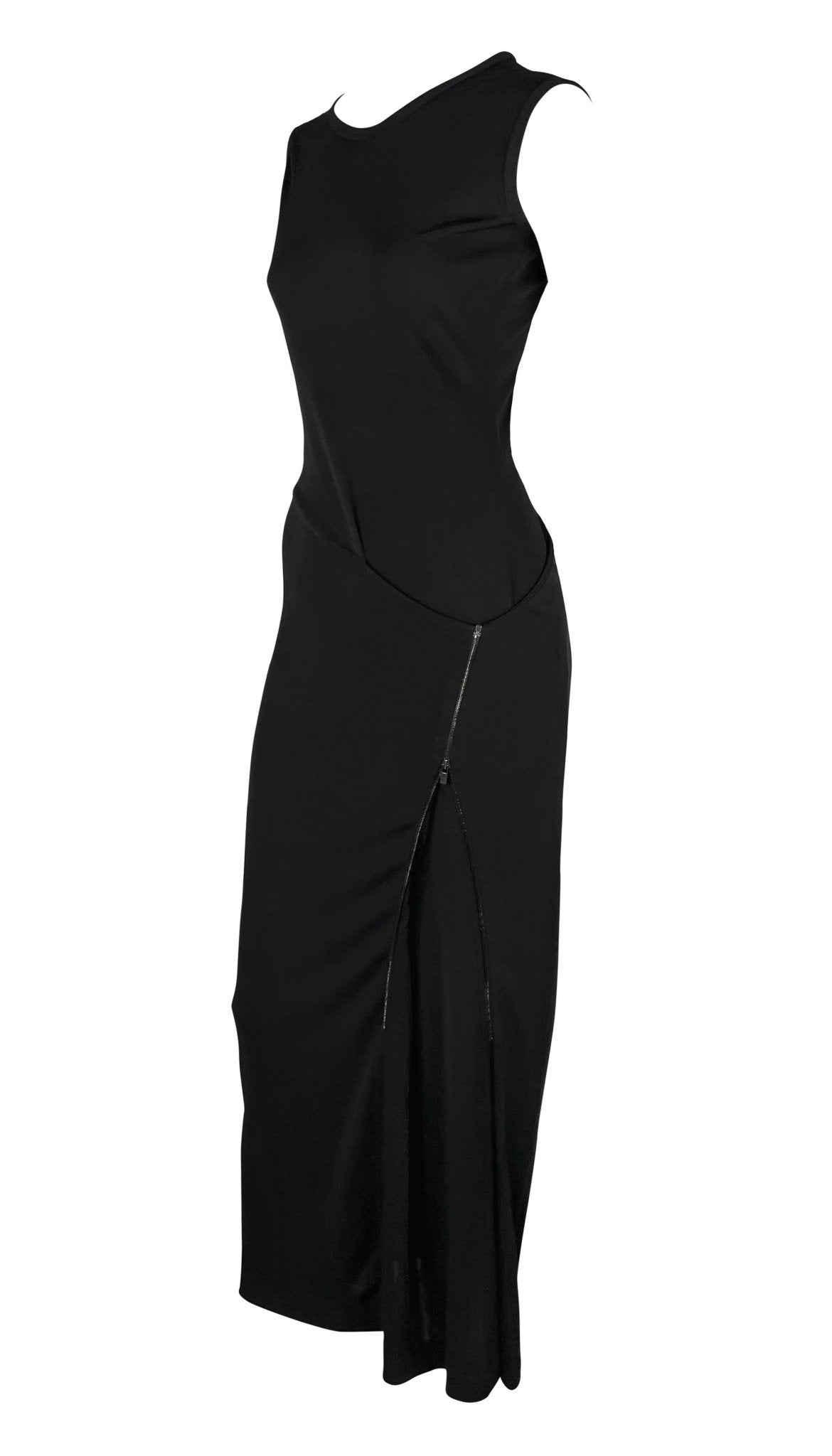 S/S 1999 Calvin Klein Runway Asymmetric Zip Bodycon Sleeveless Black Gown - RealList