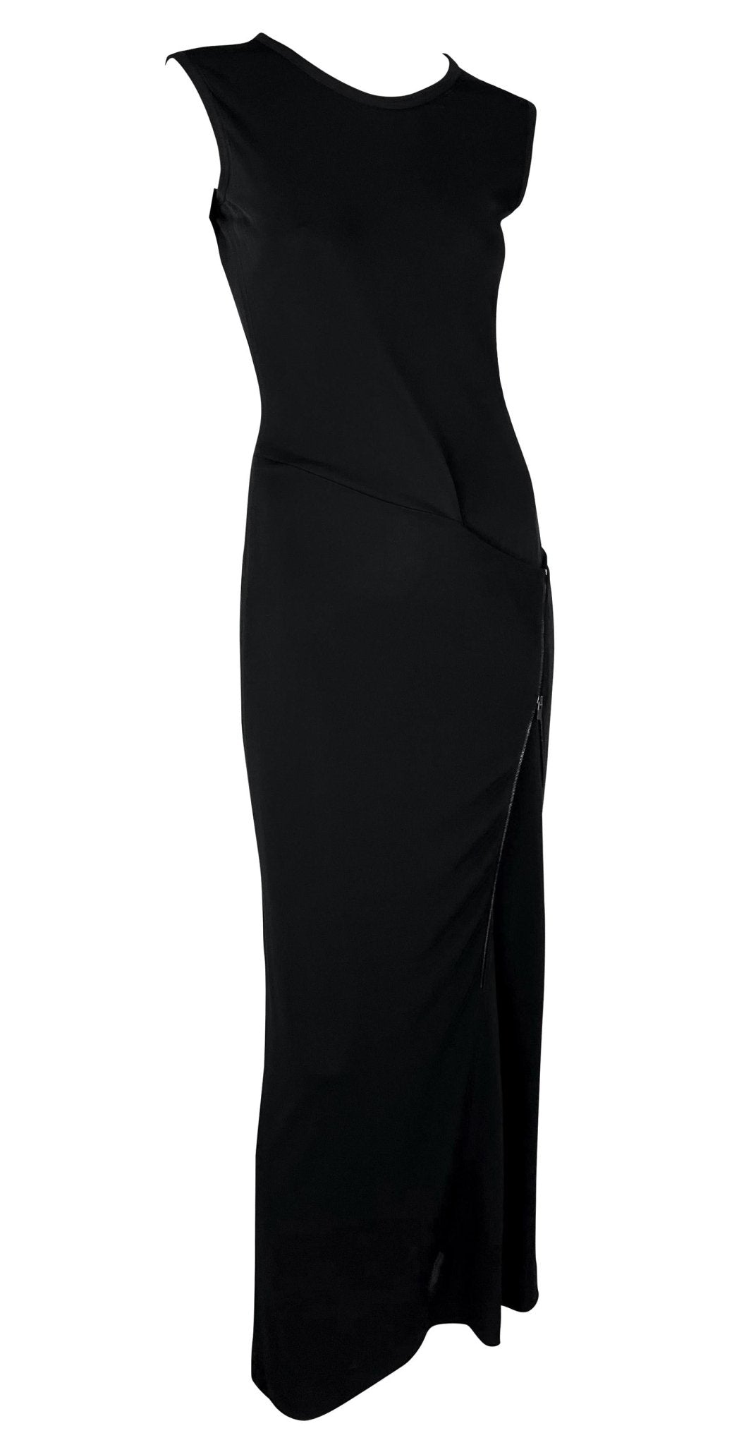 S/S 1999 Calvin Klein Runway Asymmetric Zip Bodycon Sleeveless Black Gown - RealList